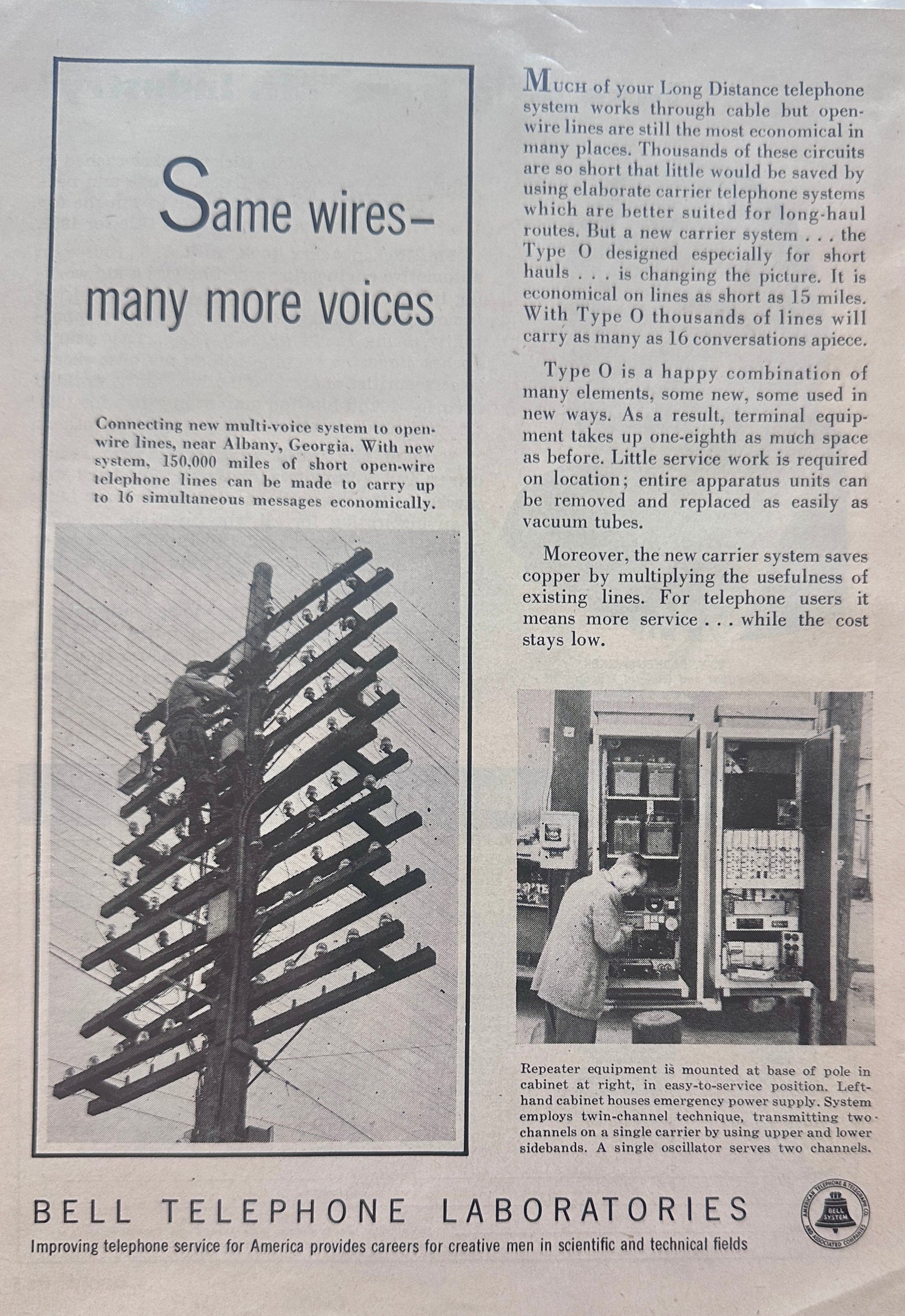 1952 Bell Telephone Laboratories - Same Wires - Many More Voices Vintage Ad