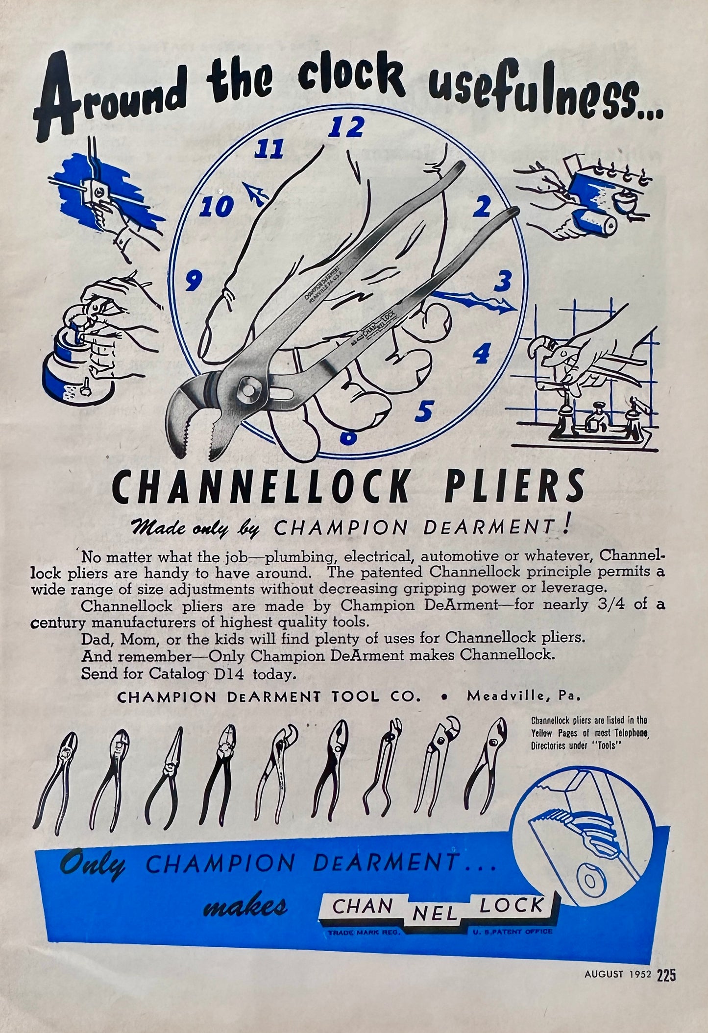 1952 Channel Lock Pliers Around the Clock Usefulness - Vintage Ad N205