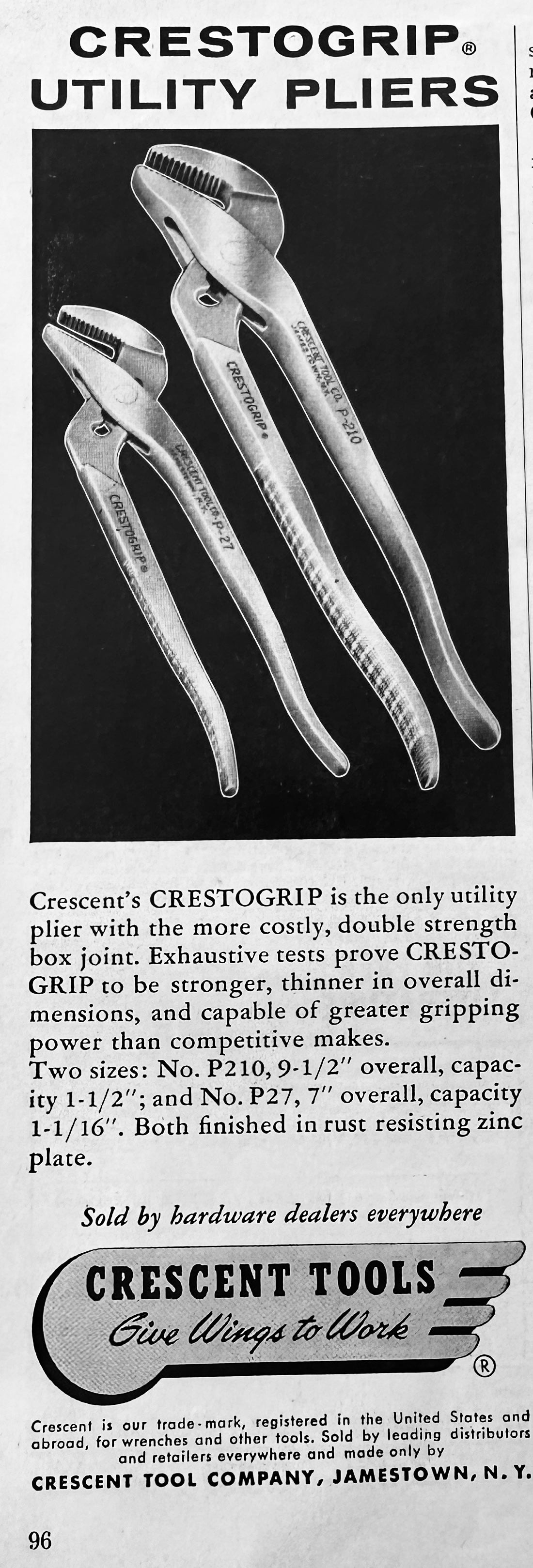 1961 Crestogrip Utility Pliers by Crescent Tools Jamestown, NY N272