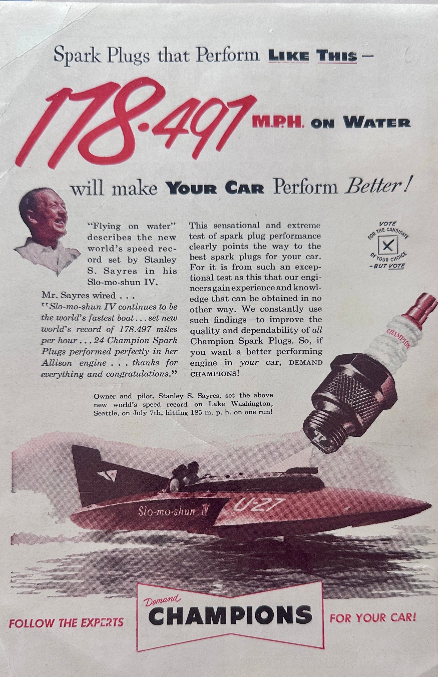 1952 Champion Spark Plugs Used to Power Speed Boat to Victory