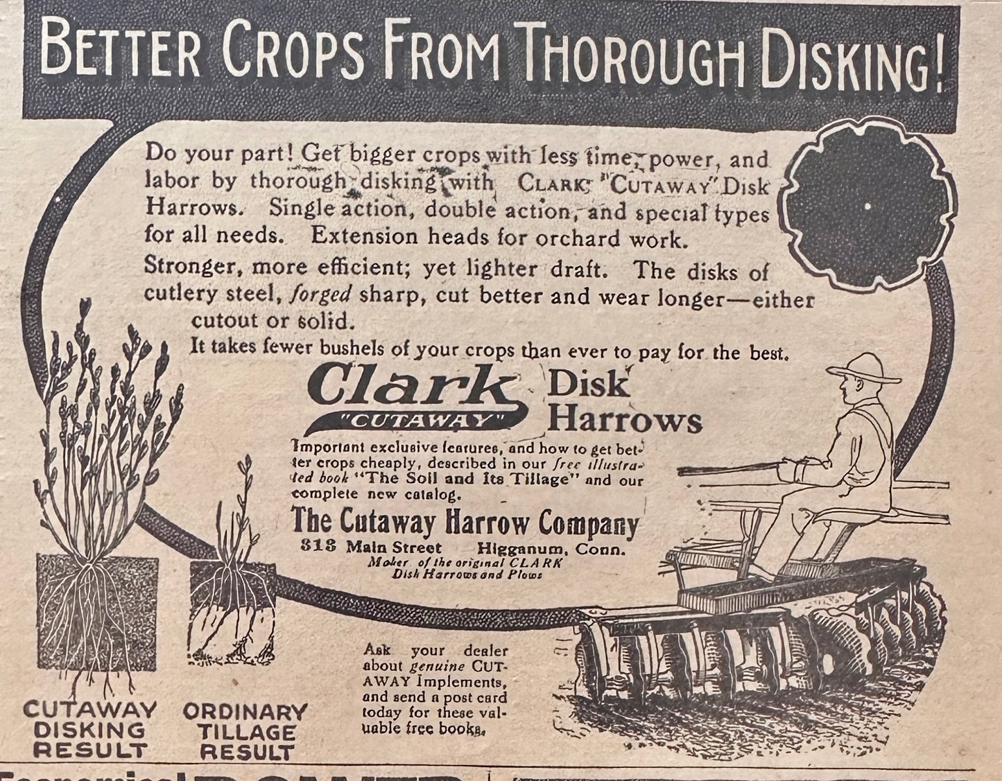 1919 Clark Disk Harrows - Vintage Farming Ad N215