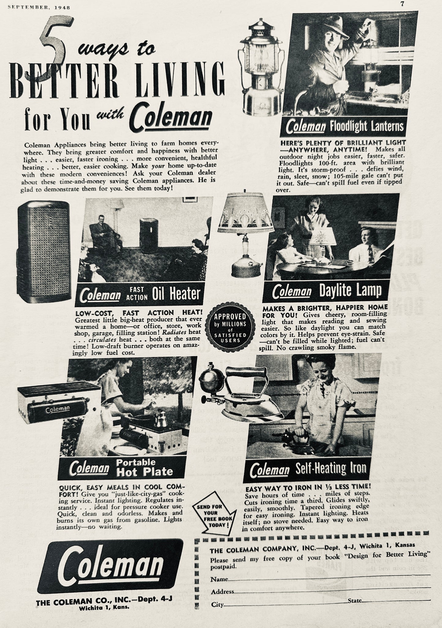 1948 Coleman Company - 5 Ways to Better Living Vintage Ad