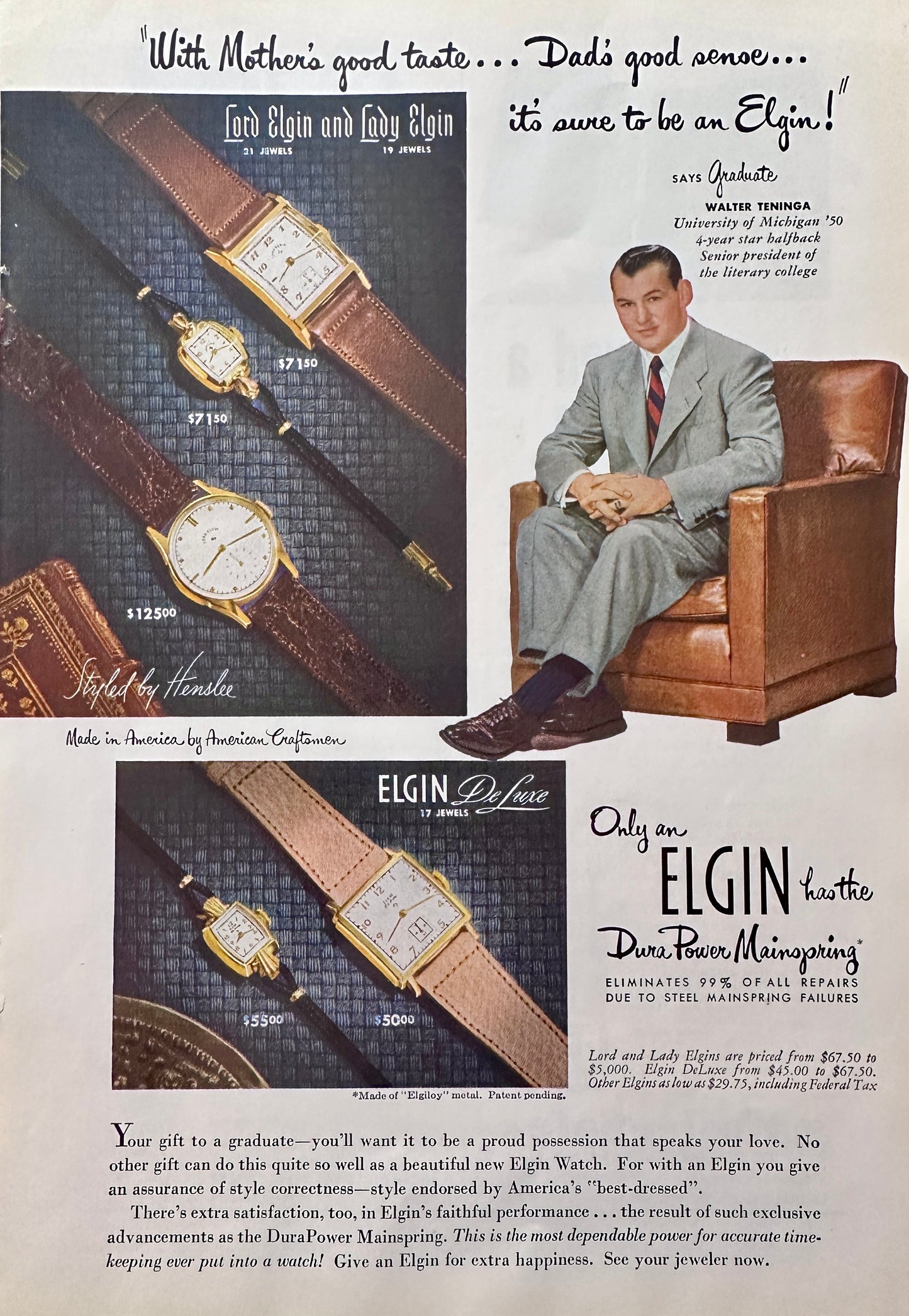 1950 Mom's Good Taste, Dad's Good Sense = Elgin Watches - Vintage Ad N323