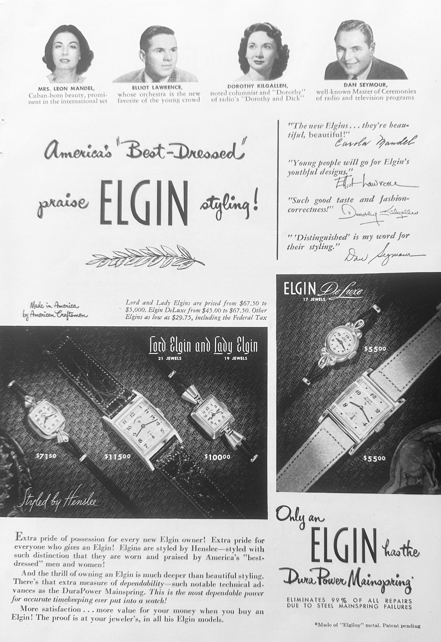 1950 America's Best Dressed Praise Elgin Styling - Watches Vintage Ad
