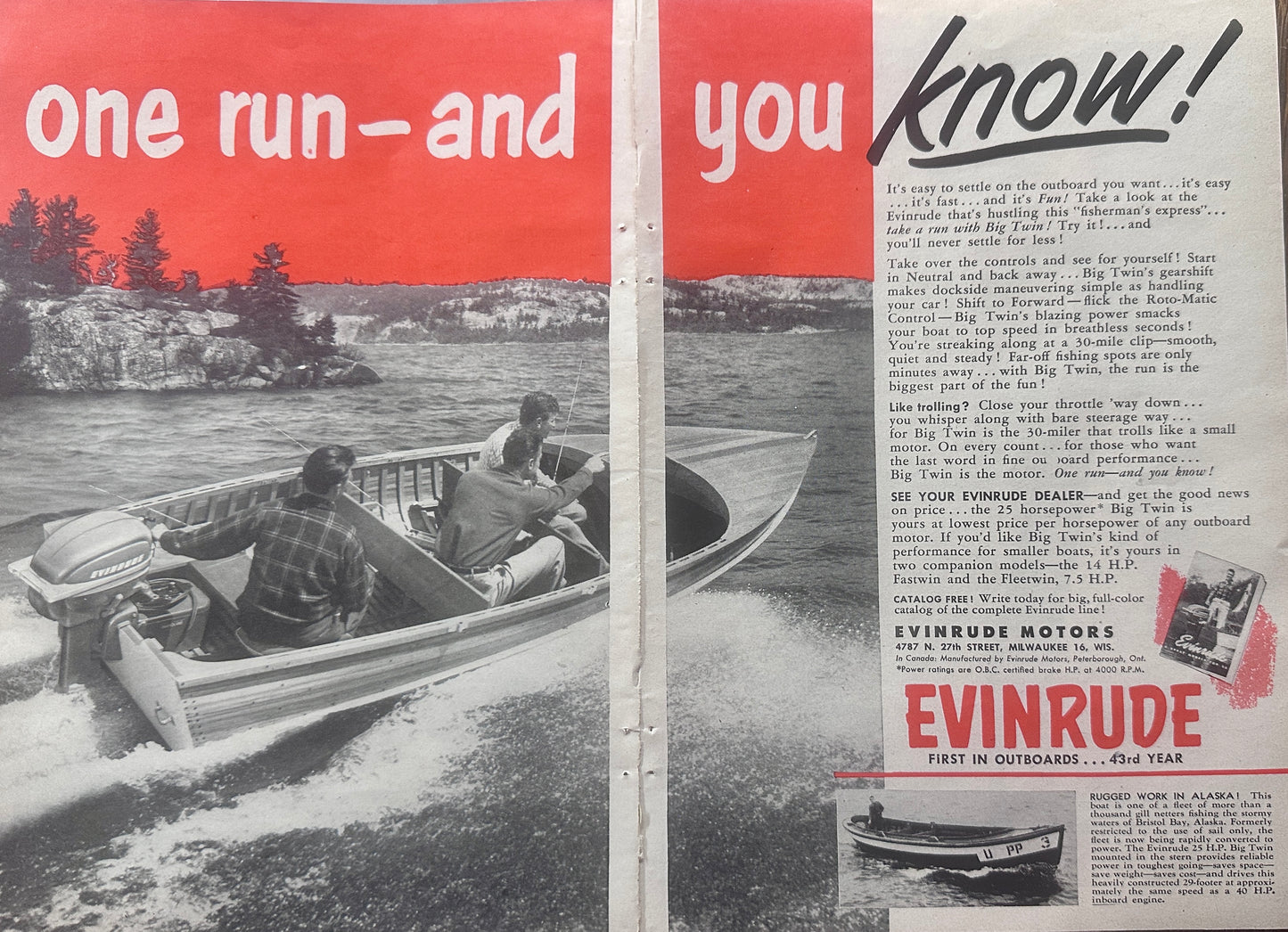 1952 2-page Evinrude Outboard Motor - One Run and You Know! Vintage Ad