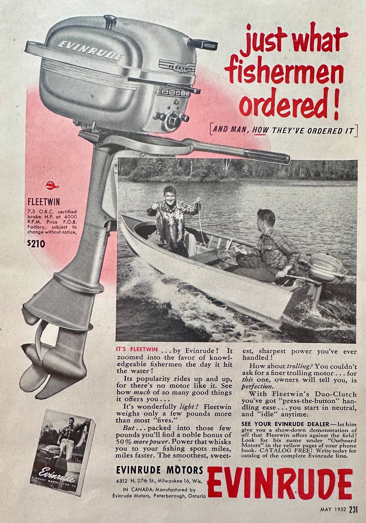 1952 Evinrude Fleetwin Outboard - Just what the Fishermen Ordered