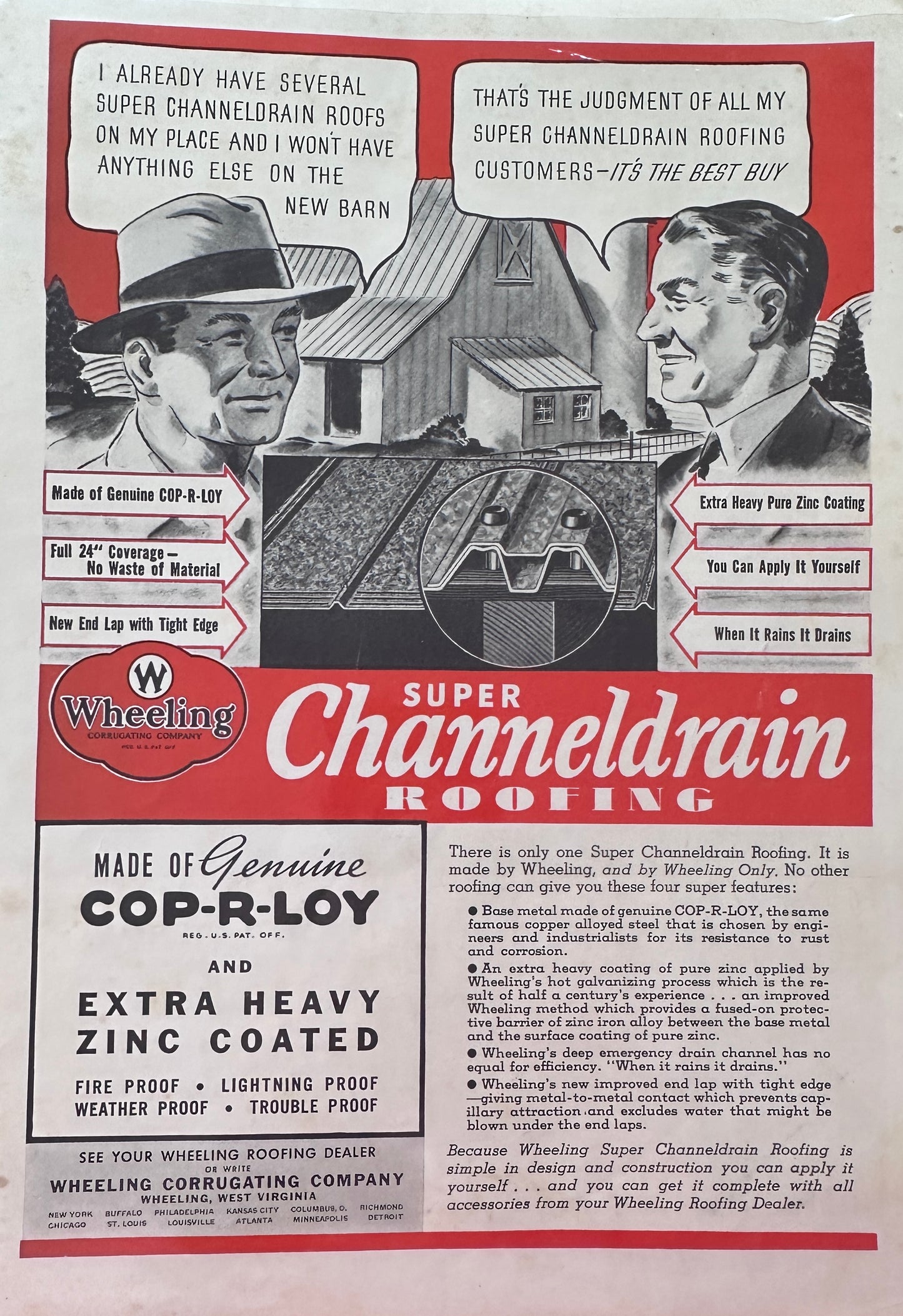 1937 Wheeling Super Channeldrain Roofing & Lucky Strike Cigarette Vintage Ads N362