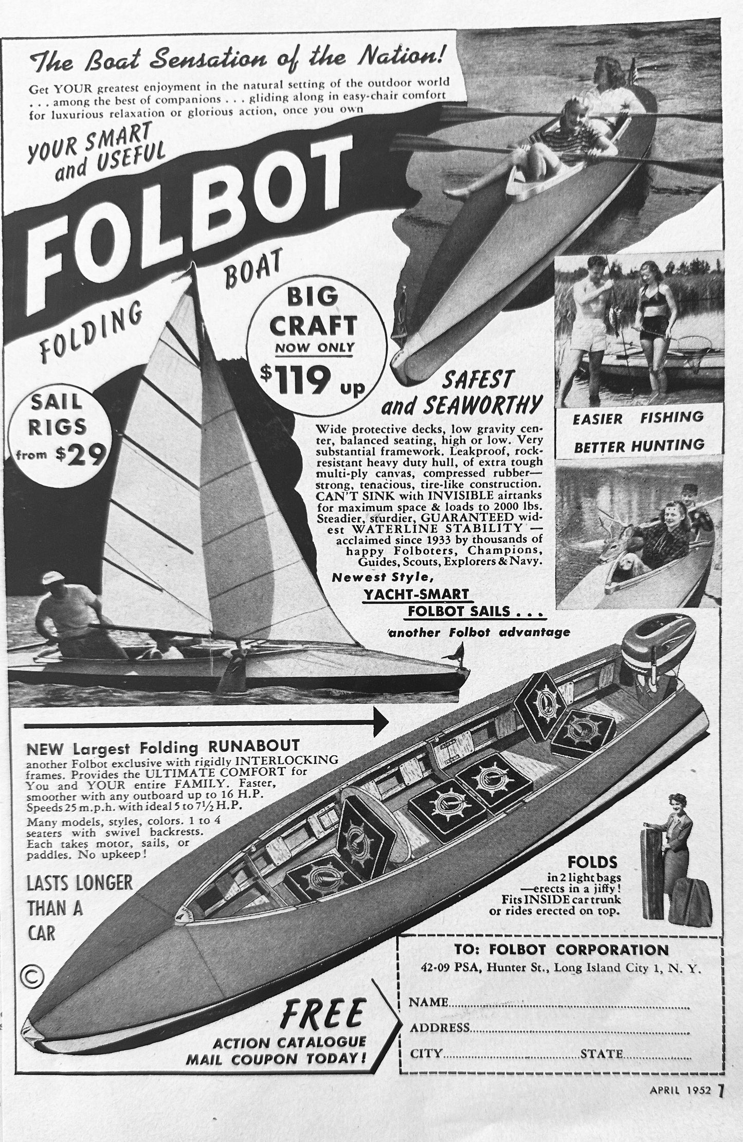 1952 Folbot Foldable Boat could be used with oars or Sail - Vintage Ad