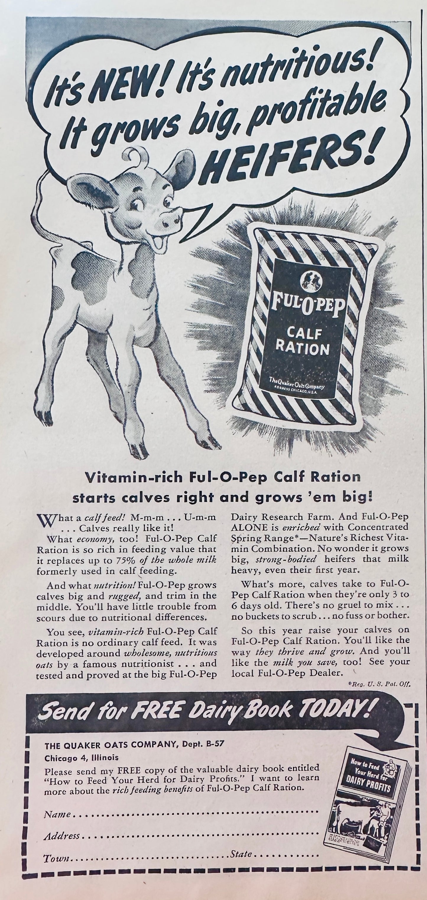 1949 Ful-O-Pep Calf Ration - Grow Big Profitable Heifers! N365