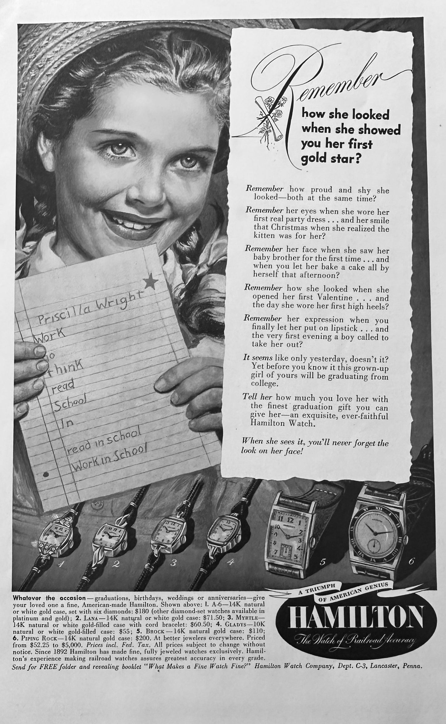 1949 Hamilton Watches Vintage Ad A-6, Lana, Myrtle, Gladys, Brock & Piping Rock