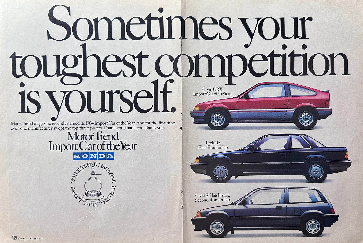 1984 Motor Trend Import Car of the Year Centerfold Ad - Honda 1st,2nd, 3rd