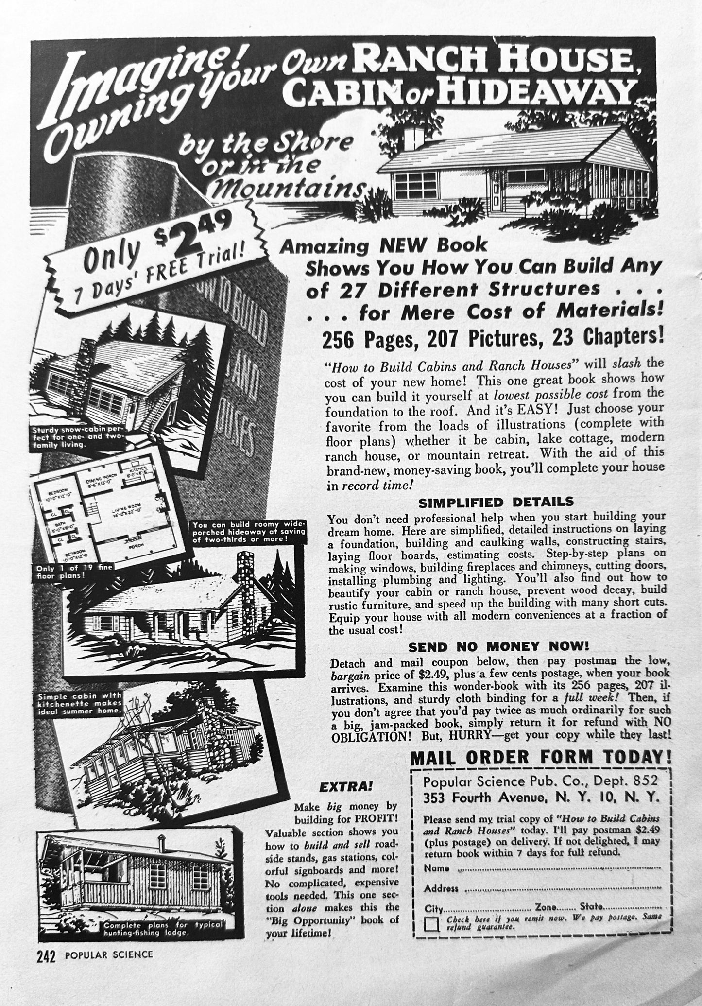 1952 Popular Science Mail-Order House Plans Ranch, Cabin or Hideaway