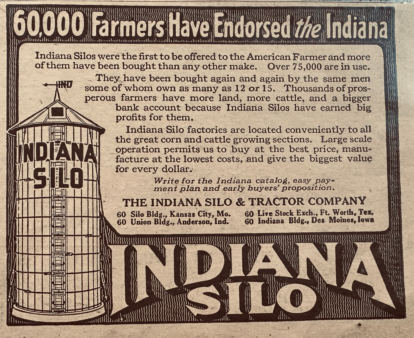 1919 Indiana Silos Vintage Ad 60,000 Farmers Have Endorsed N475