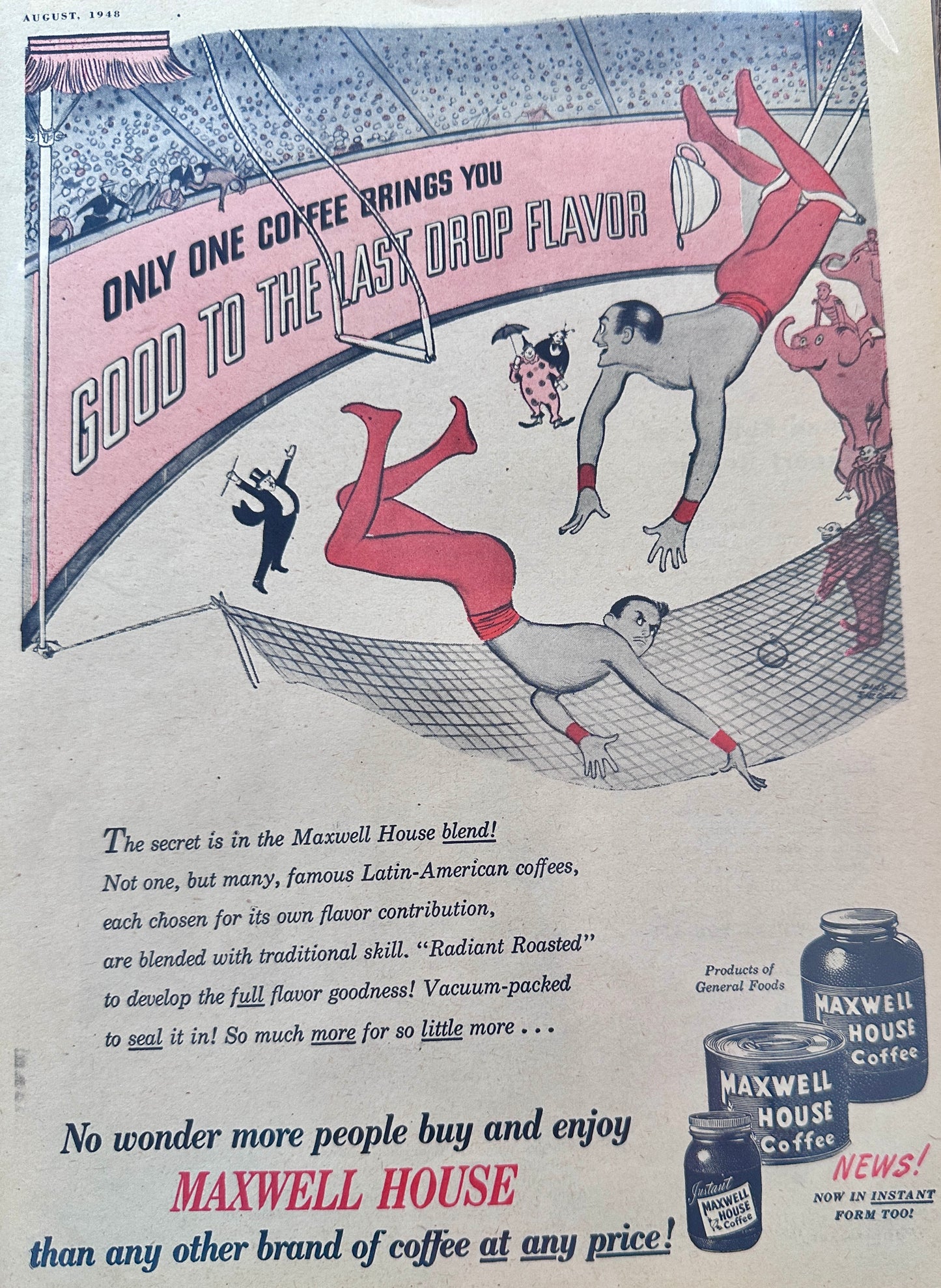 1948 Maxwell House Coffee - Trapeze Artists - Missed Catch Vintage Ad N615