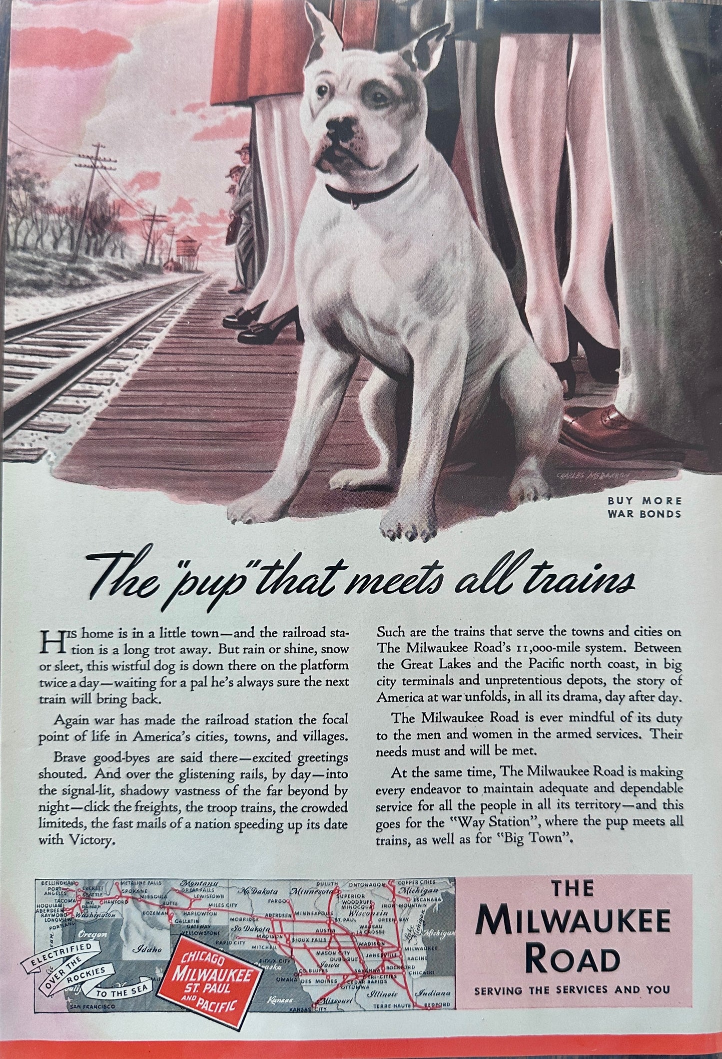 1944 WWII Era Milwaukee Road Ad - Puppy Waiting for Master's Return