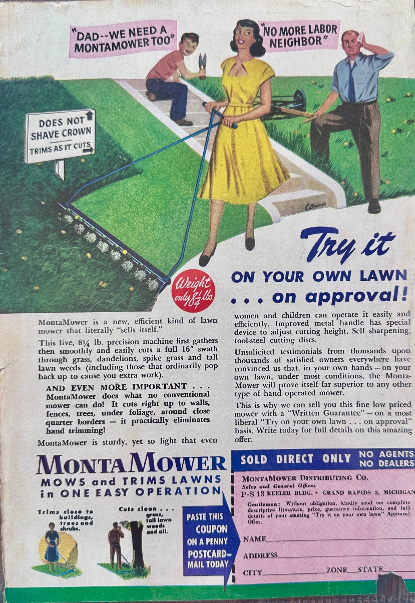 1951 Unique Monta Mower Lightweight Wide Push Mower - Vintage Ad
