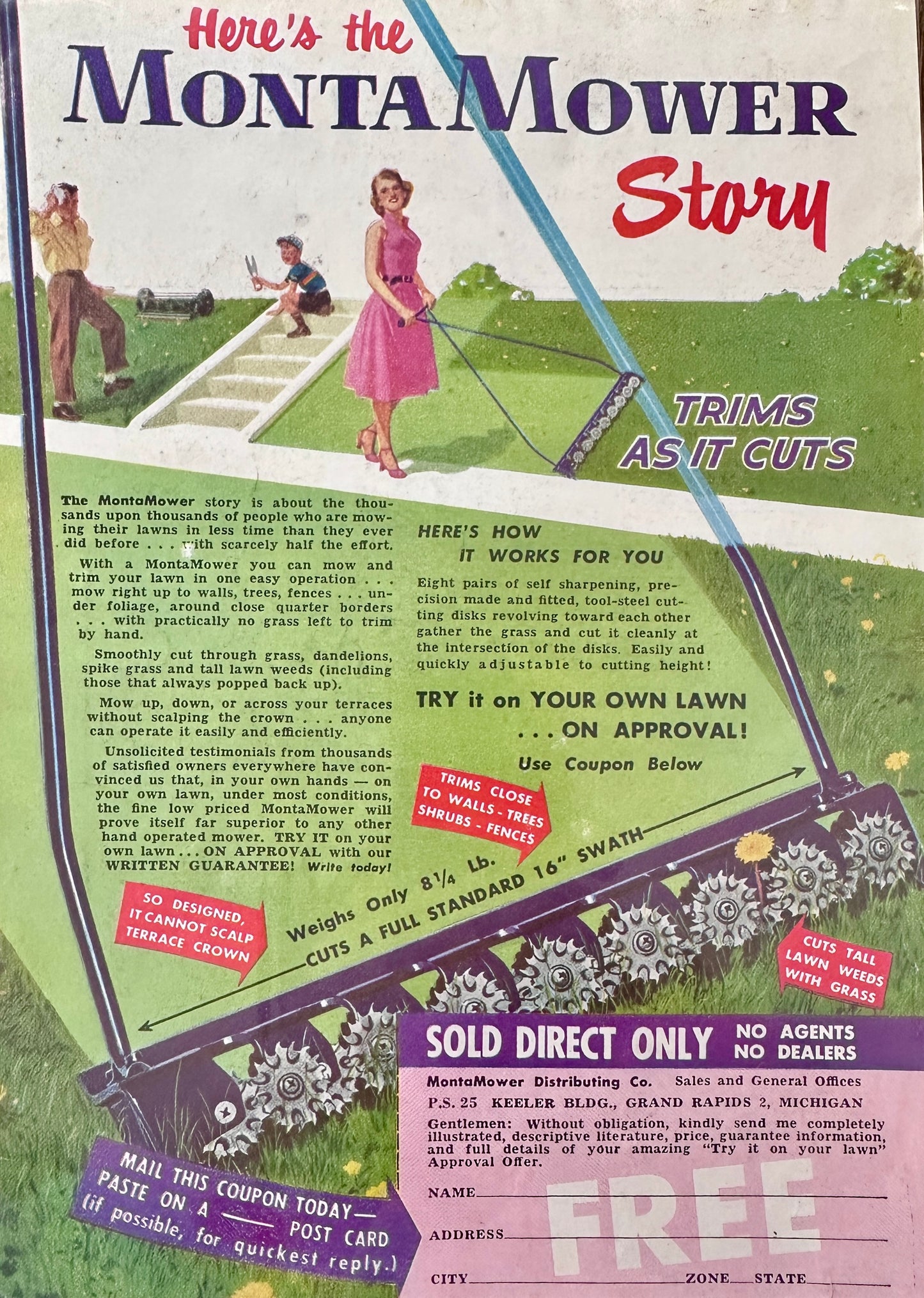 1952 Monta Mower Story - Grand Rapids, MI Trims as it Cuts Vintage Ad