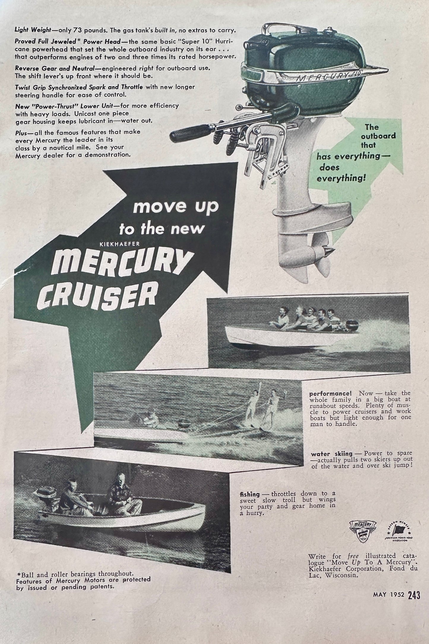 1952 Mercury Cruiser Outboard Motor by Kiekhaefer Fond Du Lac, WI N639