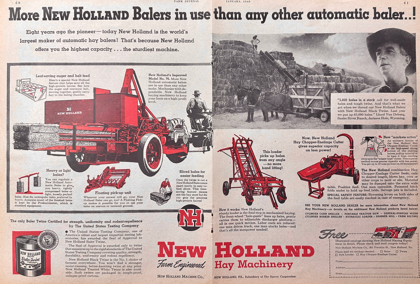 1949 Centerfold Ad For New Holland Hay Equipment, Balers, Loaders ++ N720