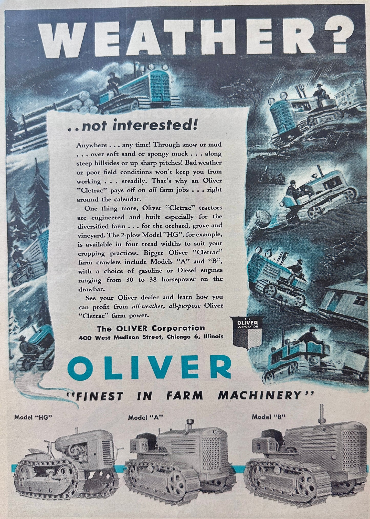 1949 Oliver Cleatrac All-weather All purpose Line of Tractors 3 Models Shown N746