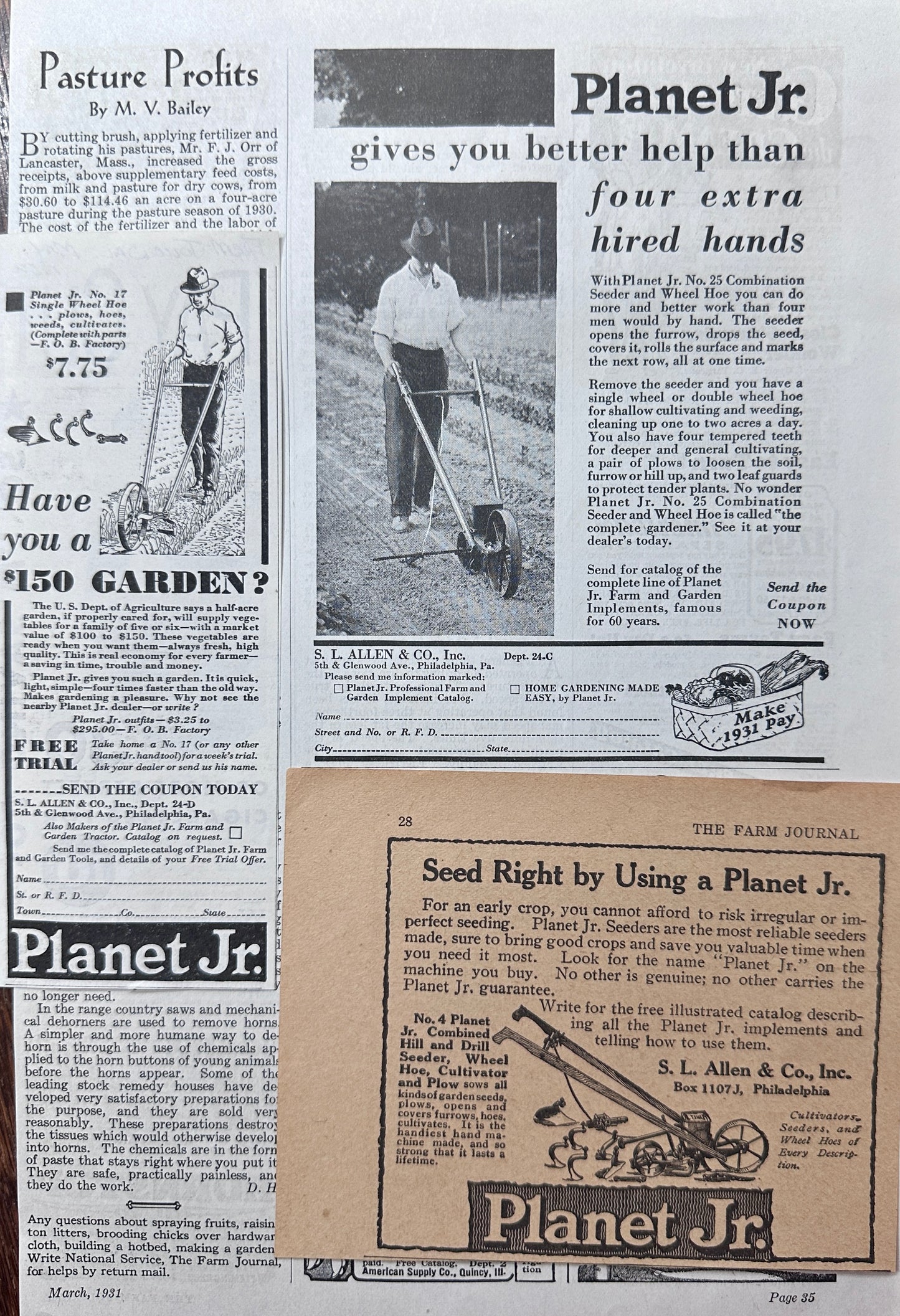 1924, 1931 & 1932 Partial page ads for the Planet Junior Seeders