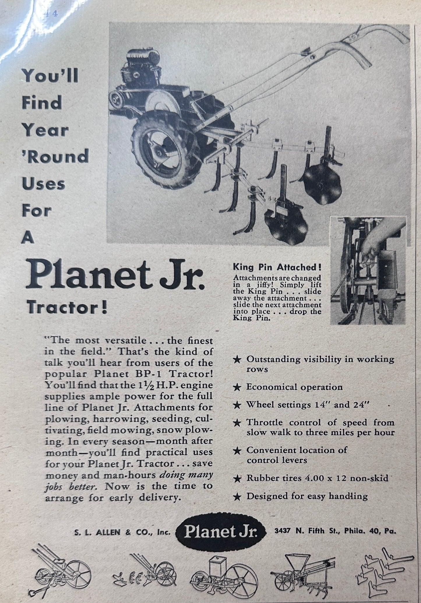 1949 Planet Jr. BP-1 Tractor Year Round Uses Vintage Ad N790