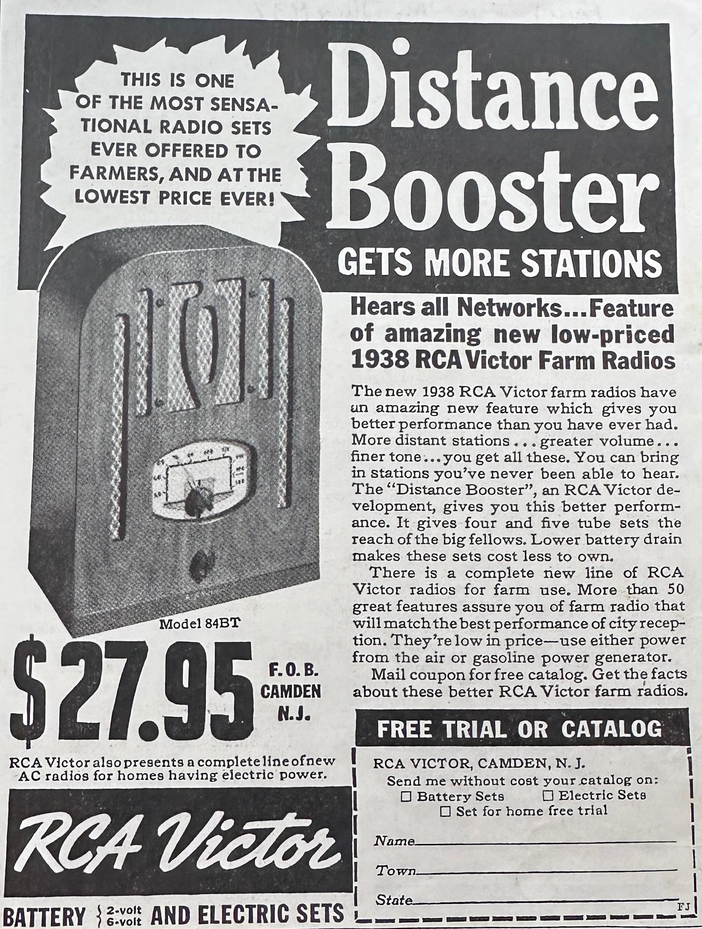 1937 Victor Farm Radios - Low priced Model 84BT Vintage Ad