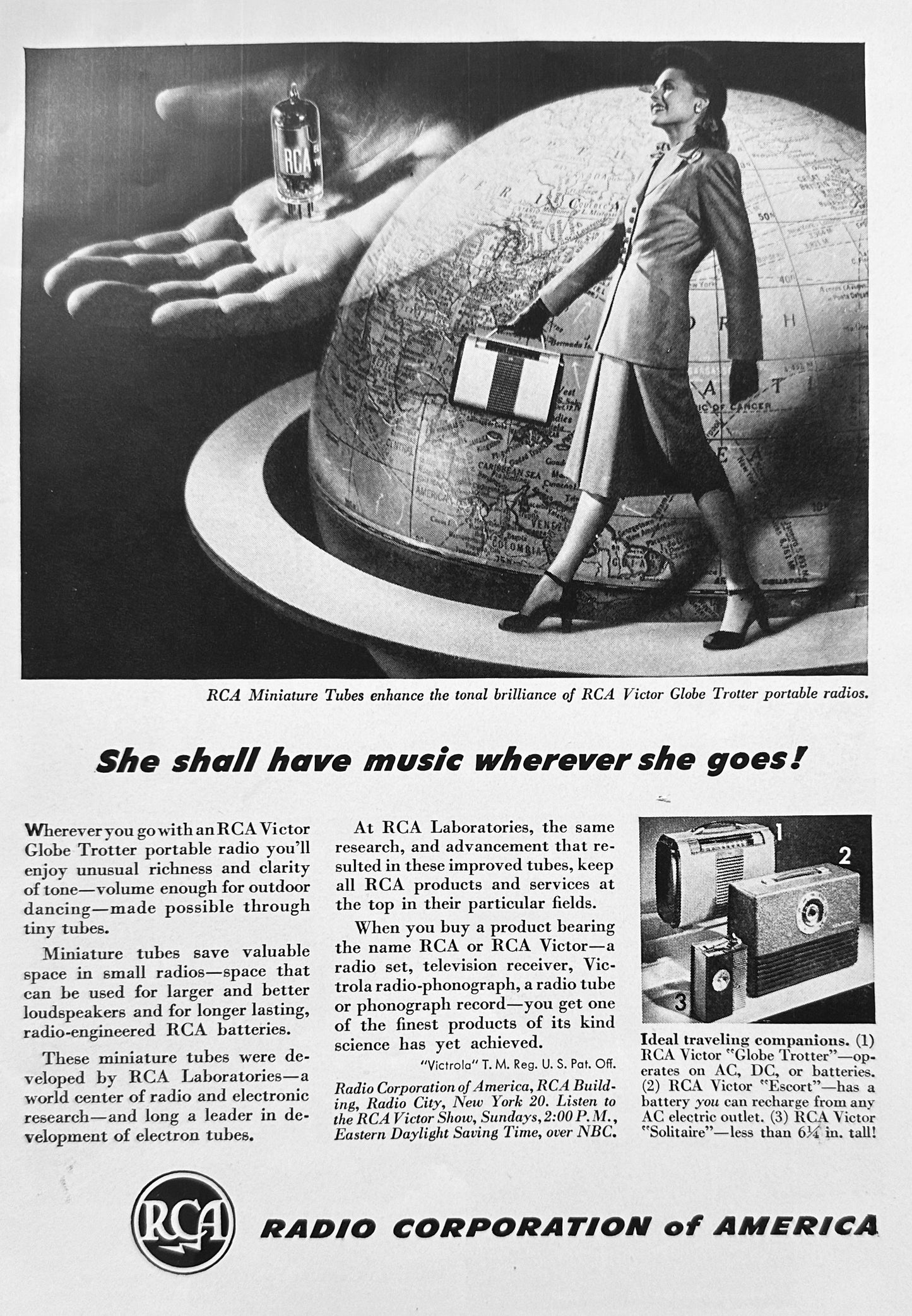 1947 RCA Portable Radios Globe Trotter, Escort & Solitaire Vintage Ad