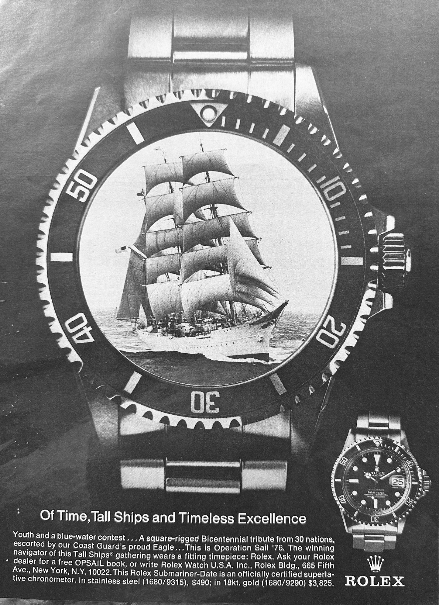 1976 Bicentennial Rolex Submariner- Date Wristwatch Vintage Ad