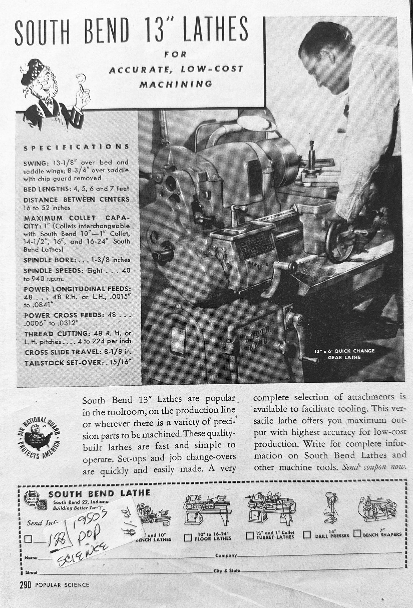 1952 South Bend 13" Lathes for Accurate Low-Cost Machining Vintage Ad