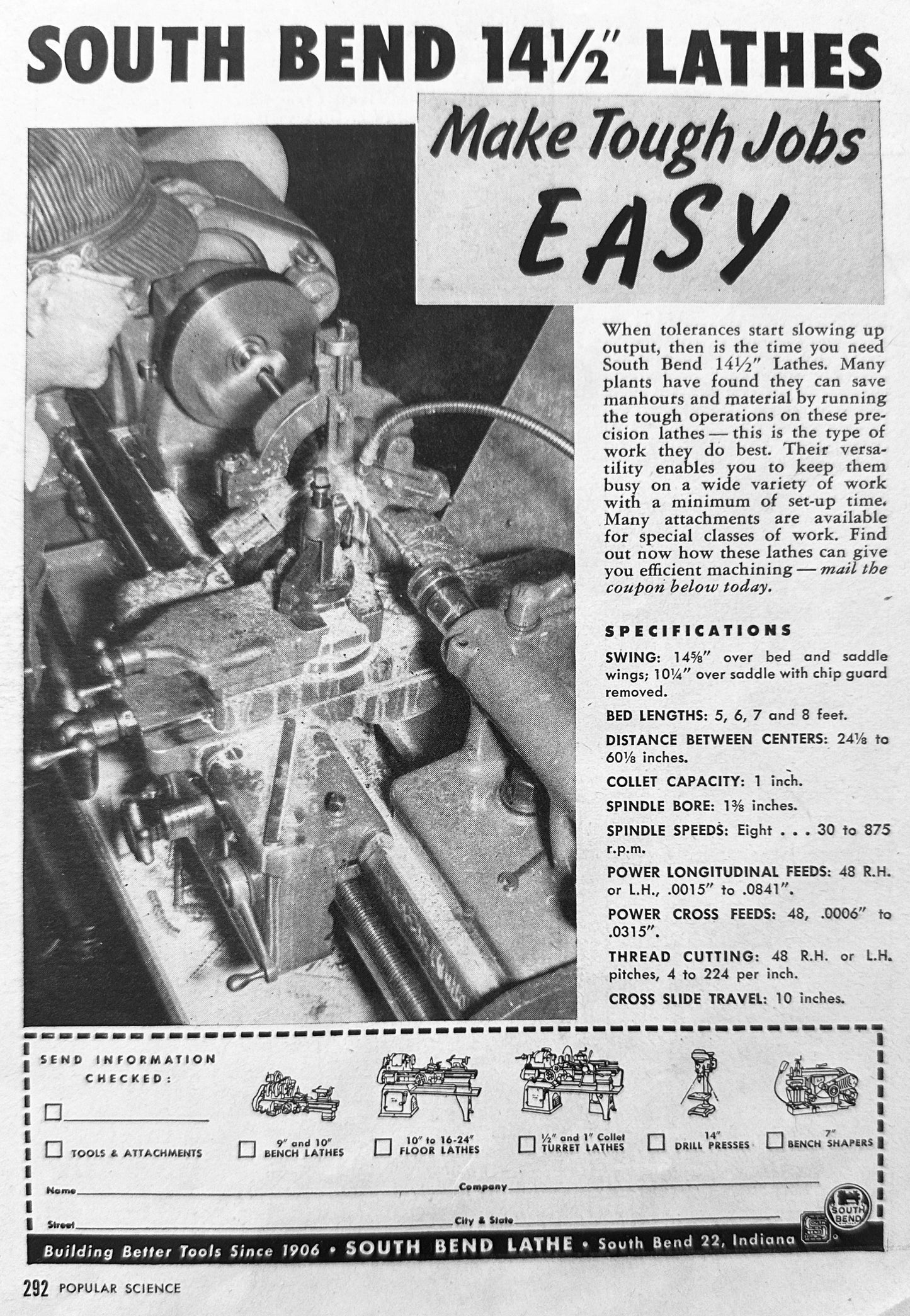 1952 South Bend 14.5" Lathes Make Tough Jobs Easy Vintage Ad