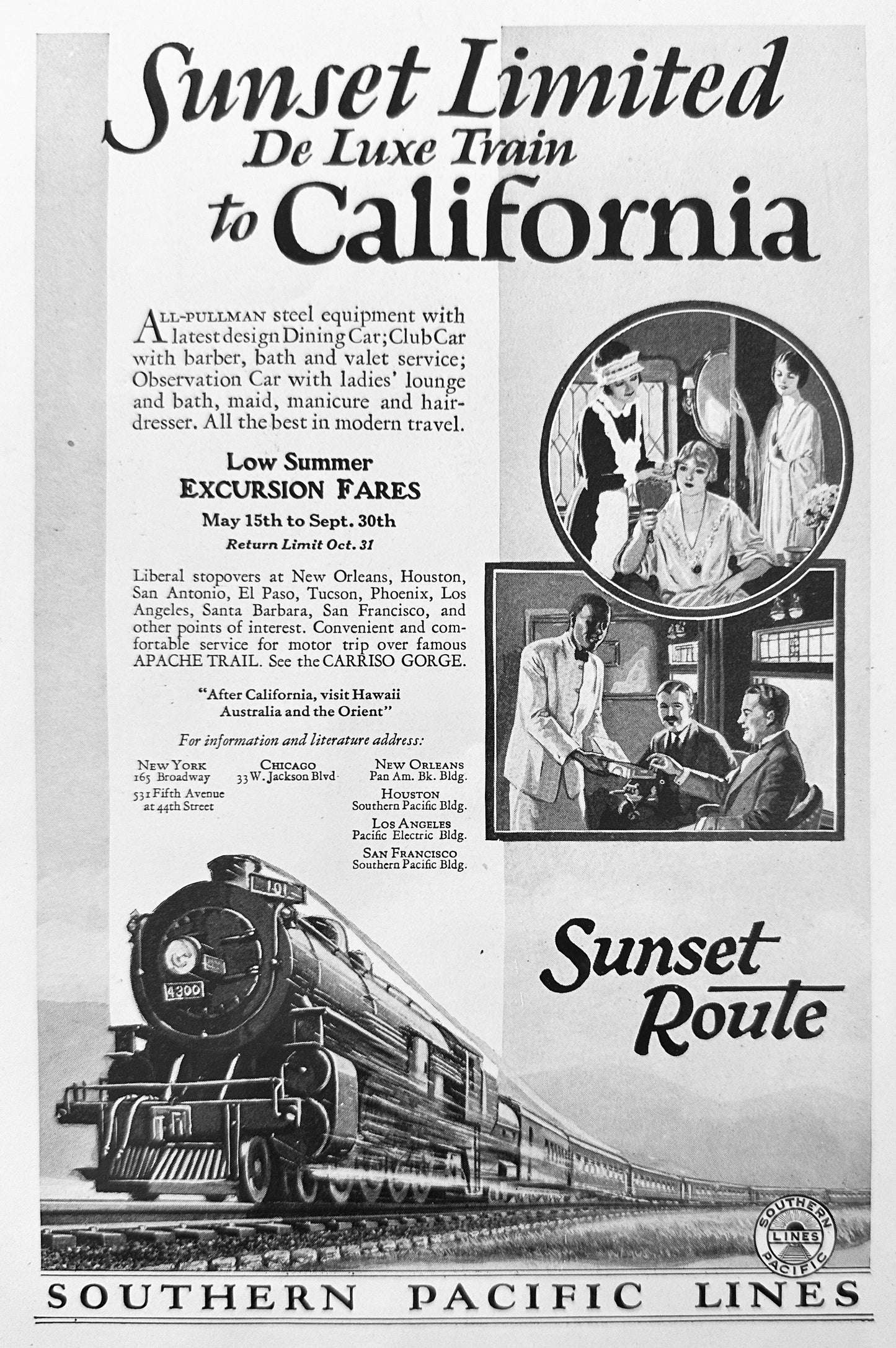 1927 Southern Pacific Lines - Sunset Limited To California Vintage Ad