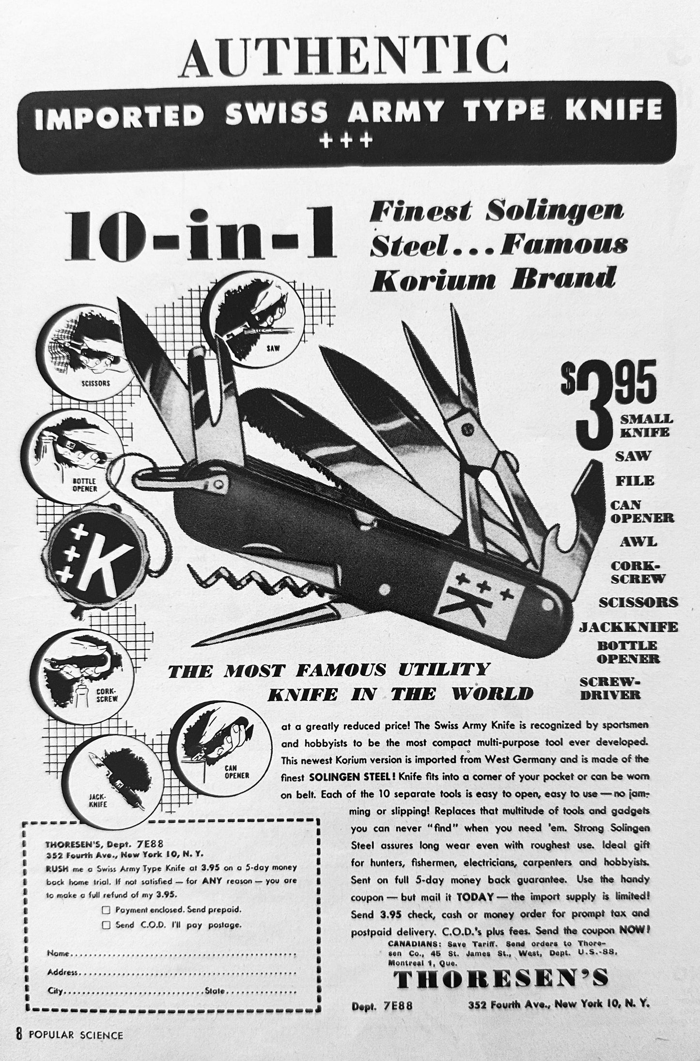 1955 Thoresen's Imported Swiss Army Type Knife - Vintage Ad