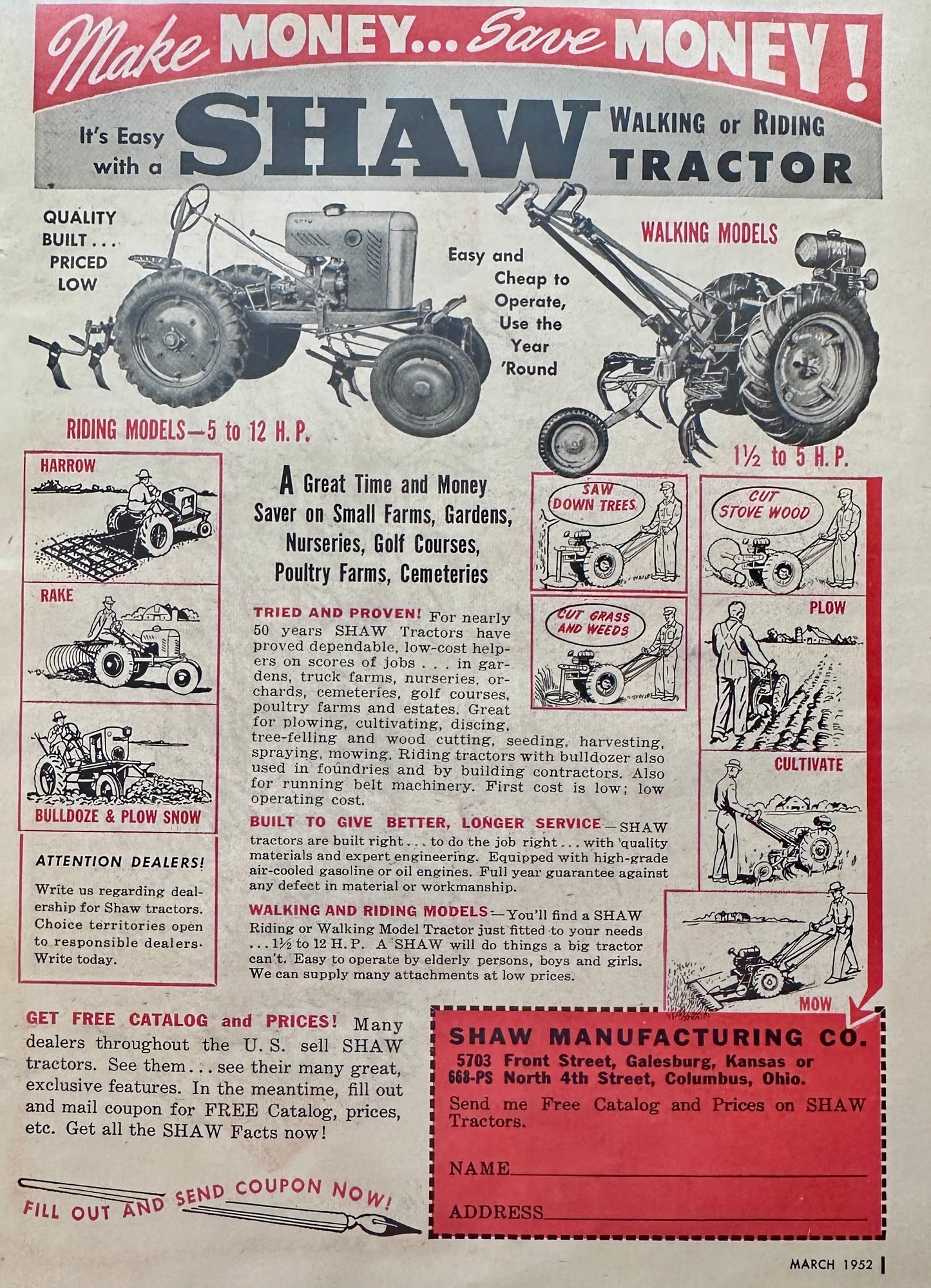 1952 Shaw Walking or Riding Tractor Of Columbus, Ohio