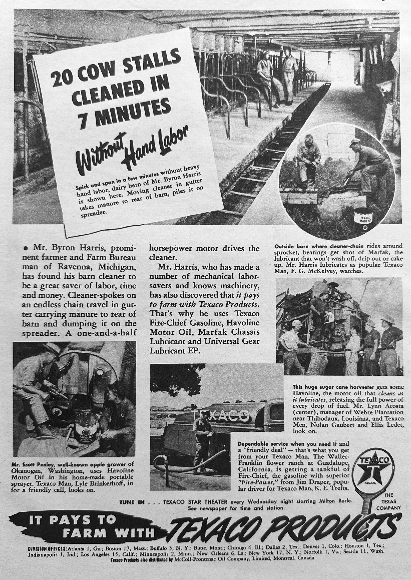 1949 Texaco Products - Farm News 20 Cow Stalls cleaned in 7 minutes
