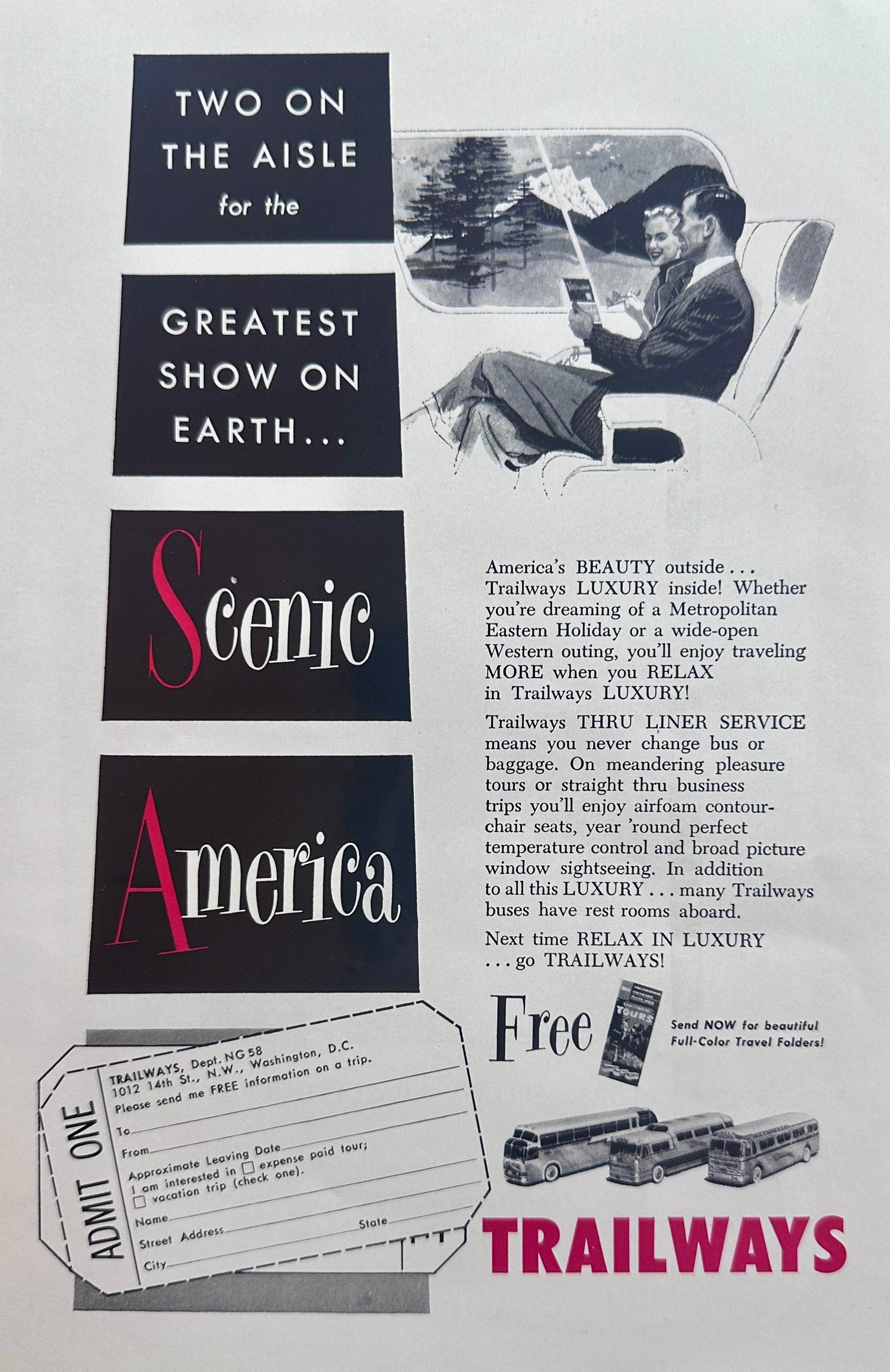 1959 Trailways Bus LInes - Offer 3 Styles of Coaches for traveling across America