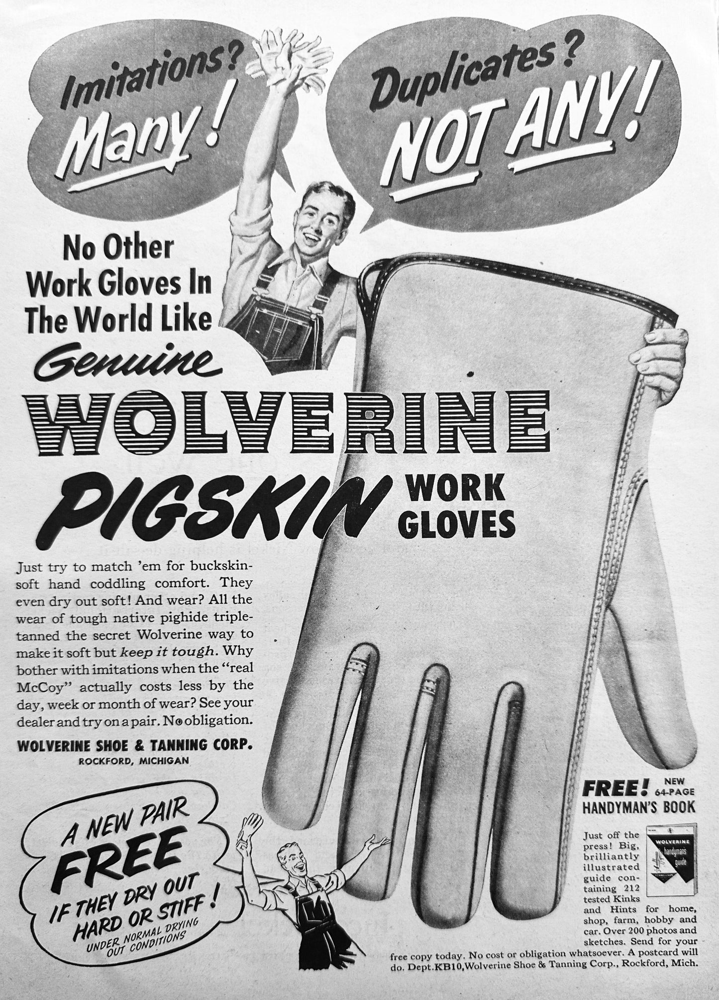 1953 Wolverine Pigskin Work Gloves Rockford Michigan Vintage Ad