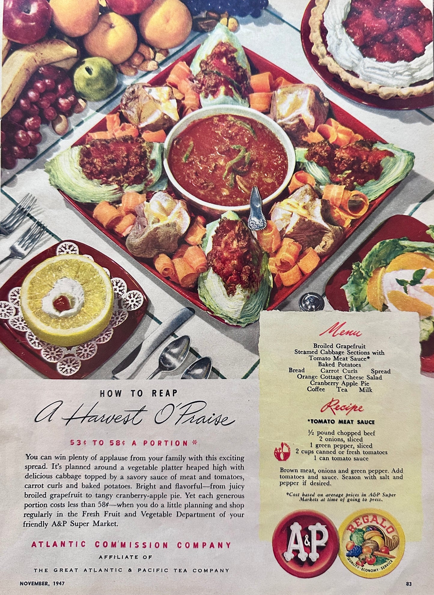 1947 A&P Regalo Fruit & Vegetable With Savory Meat Sauce Recipe & Ad