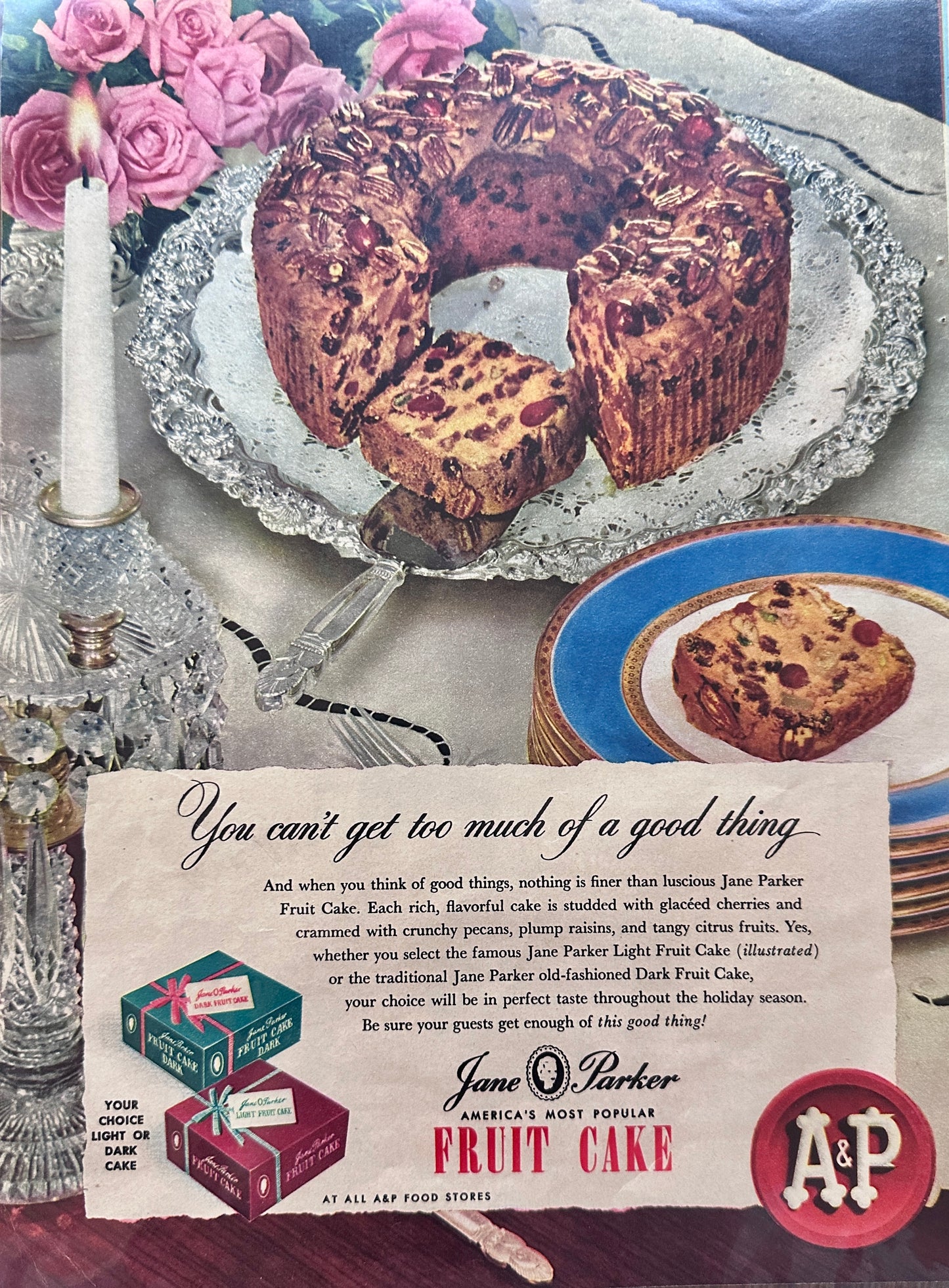 1947 Jane Parker Fruit Cake - A&P Grocers & Wearever Pressure Cooker- Vintage Ad