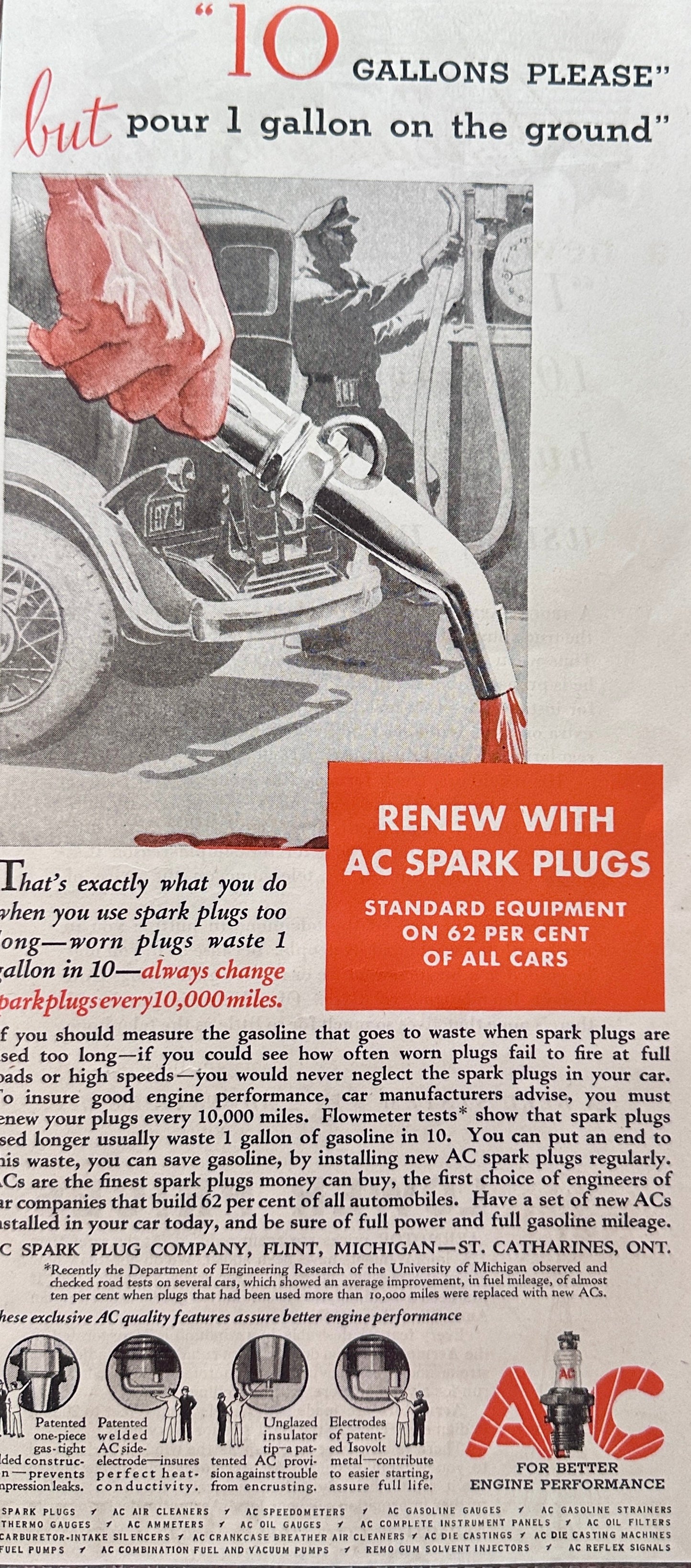 1932 AC Spark Plug Early Vintage Ad - 10 Gallons Please S1
