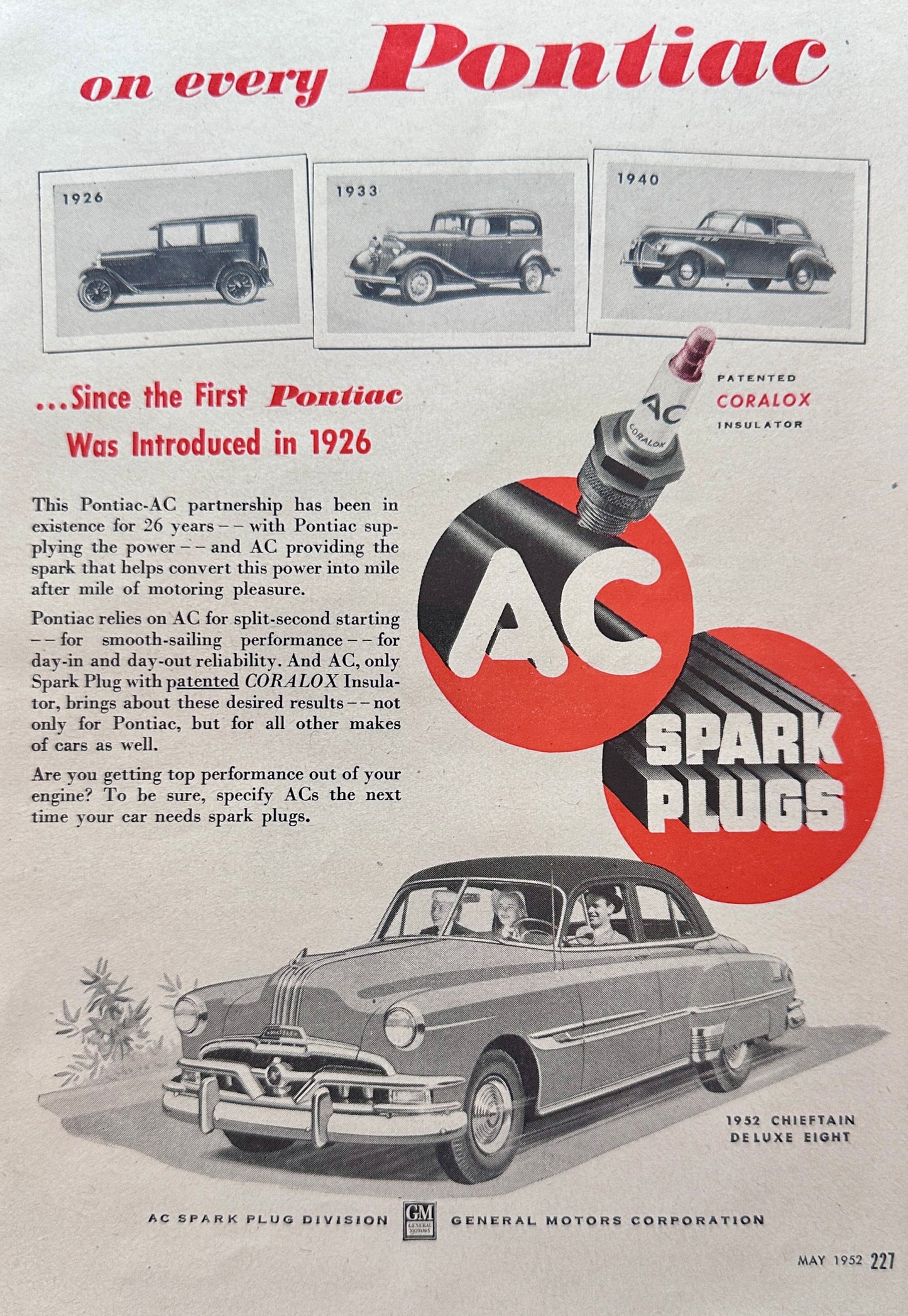 1952 AC Spark Plugs on Every Factory New Pontiac since 1926 S6