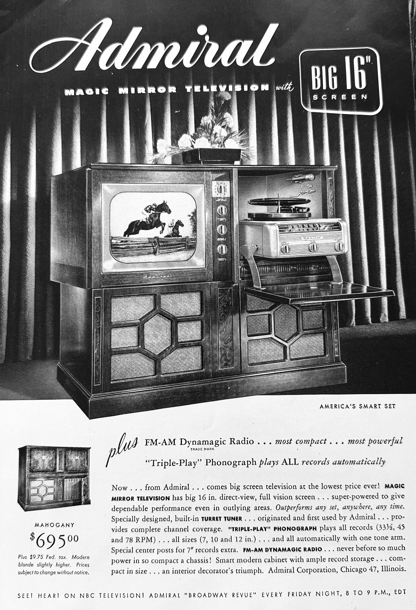 1949 Admiral Magic Mirror TV-Radio-Phonograph Combo Console