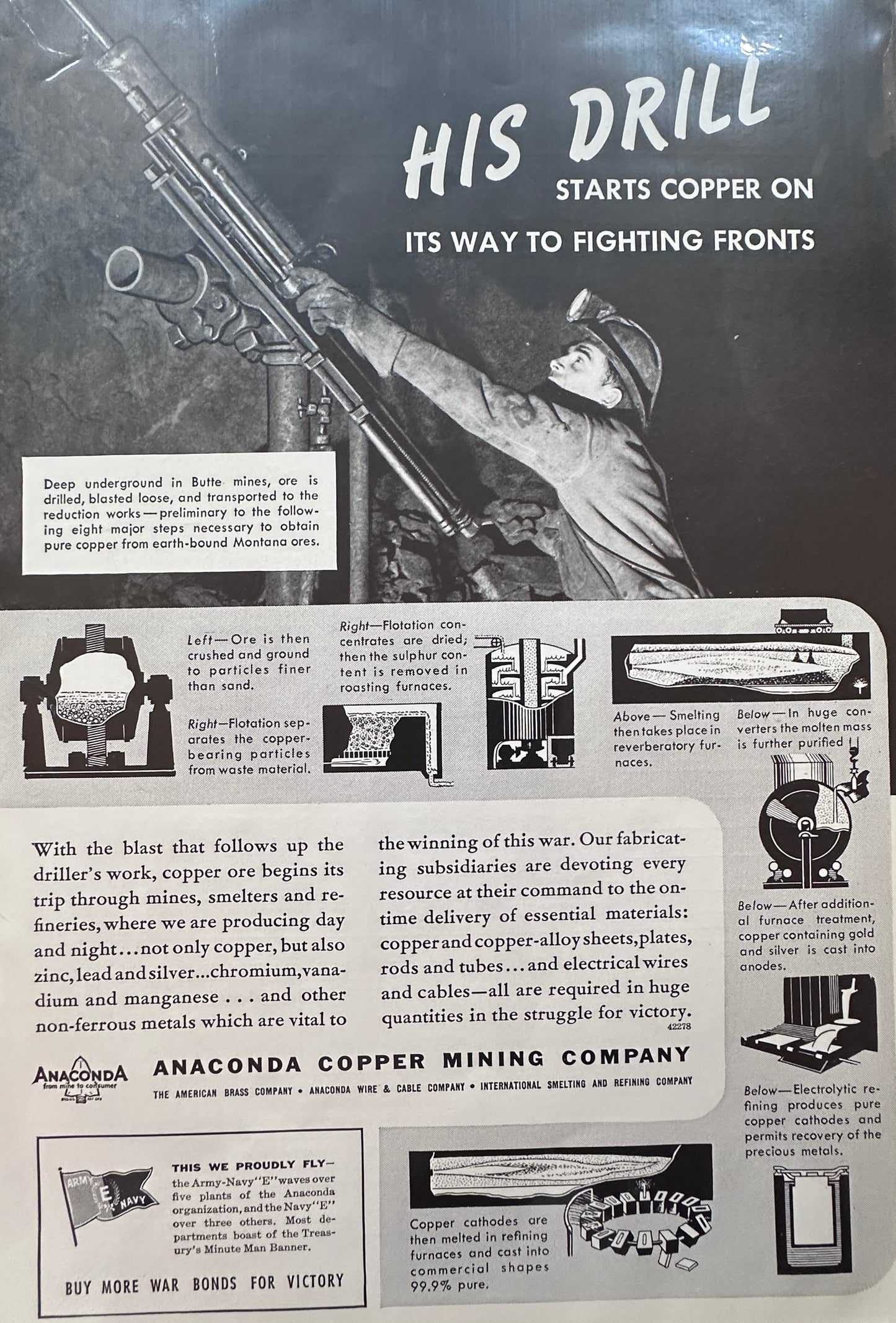 1942 Anaconda Copper Mining Company Vintage WWII Era Ad