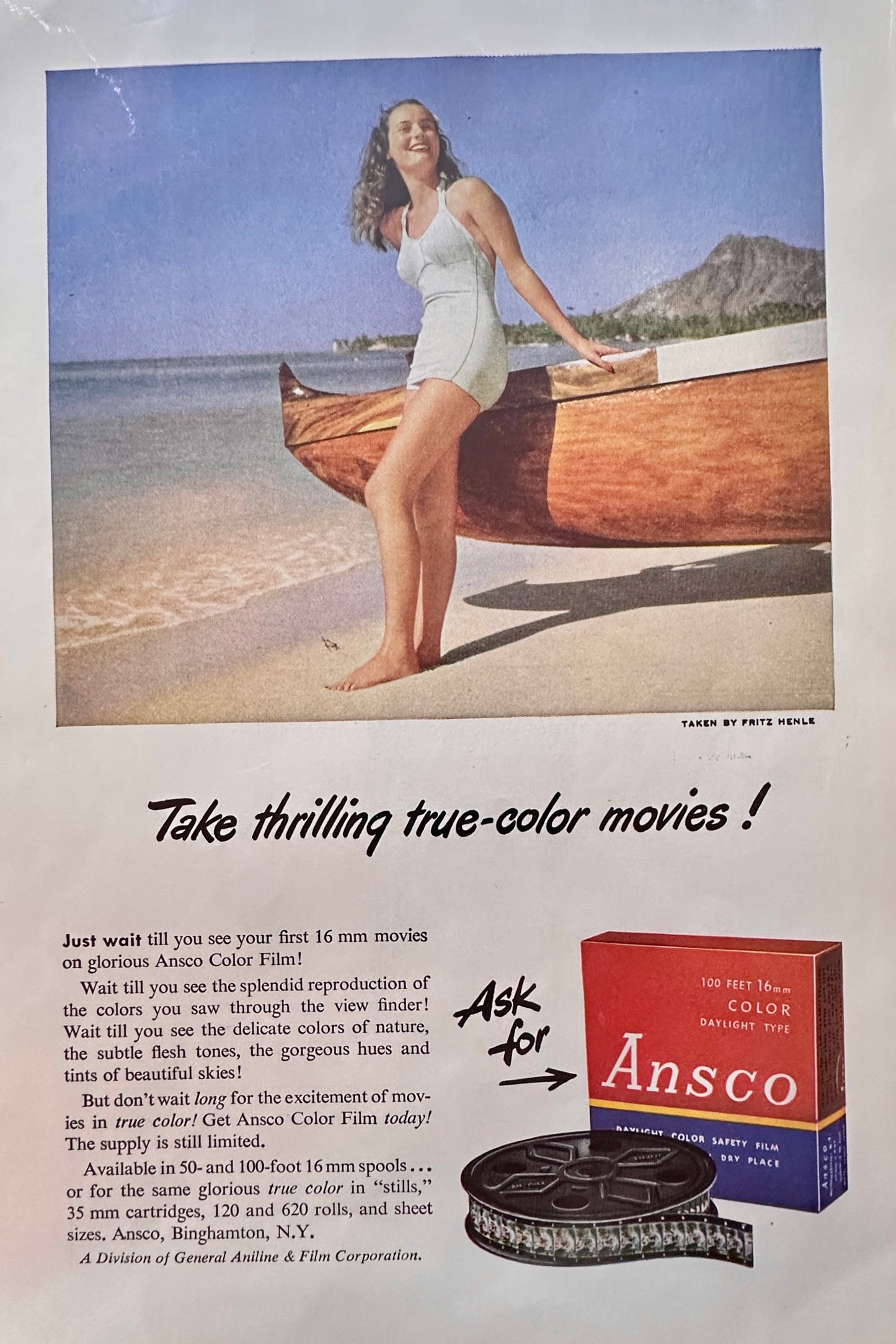 1948 Ansco 16mm Color Film Bathing Beauty leaning on Boat