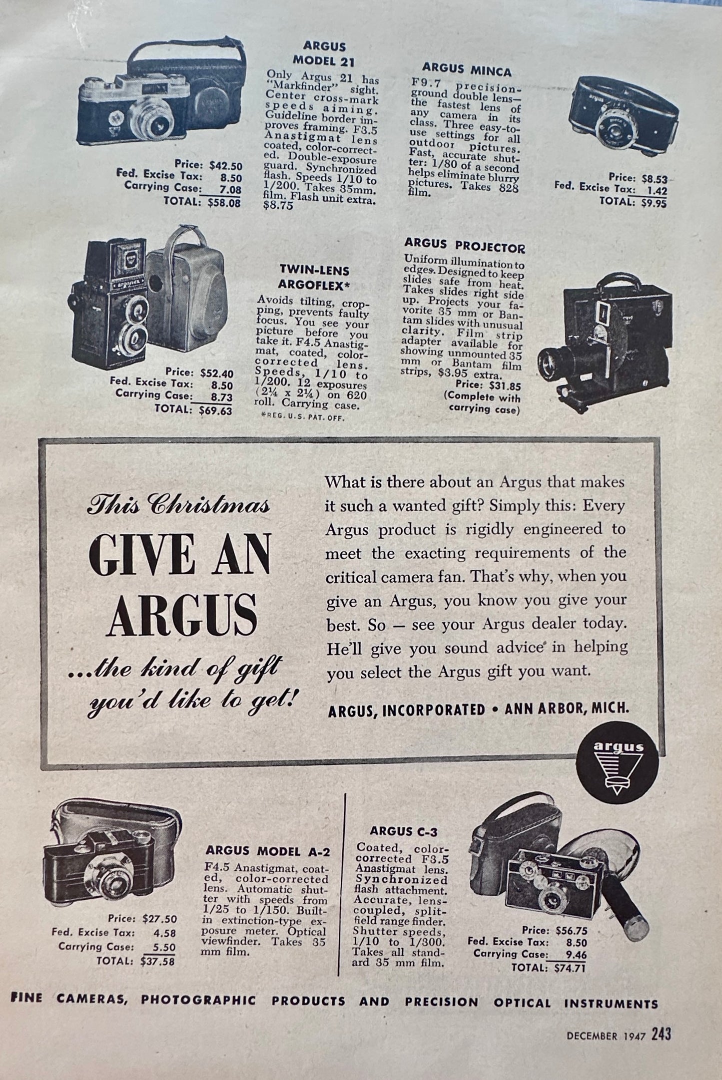 1947 Argus Cameras - 6 Models Shown - Vintage Ad