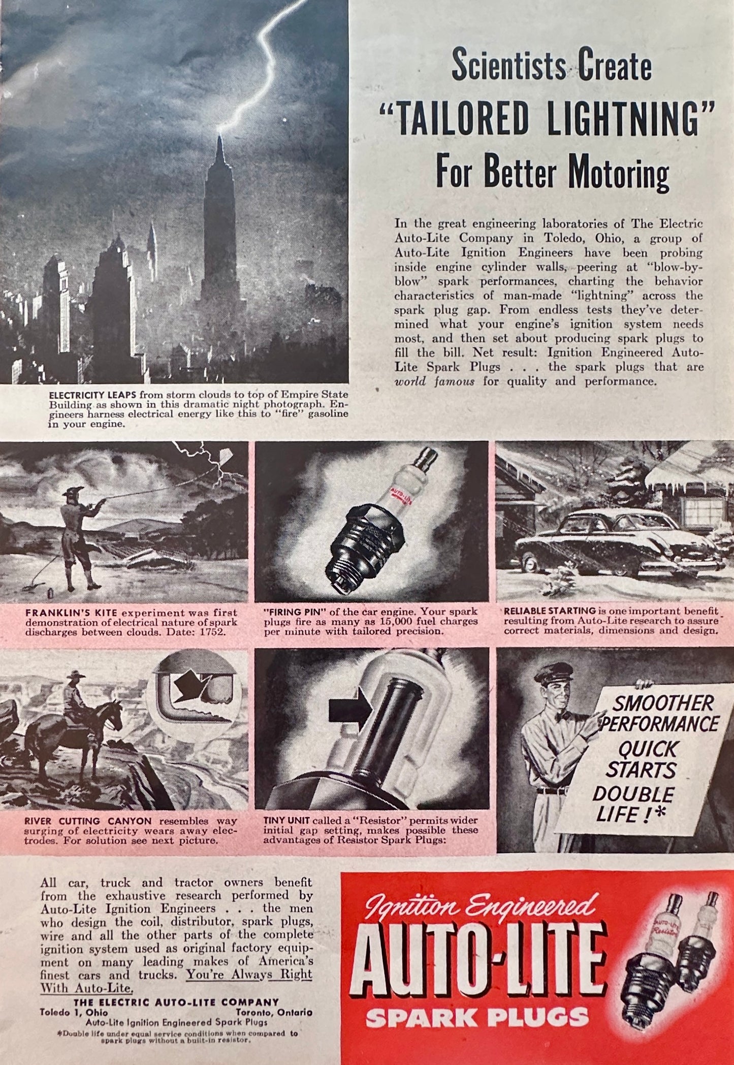 1951 &52 Auto-Lite Spark Plugs Tailored Lightning Vintage Ad
