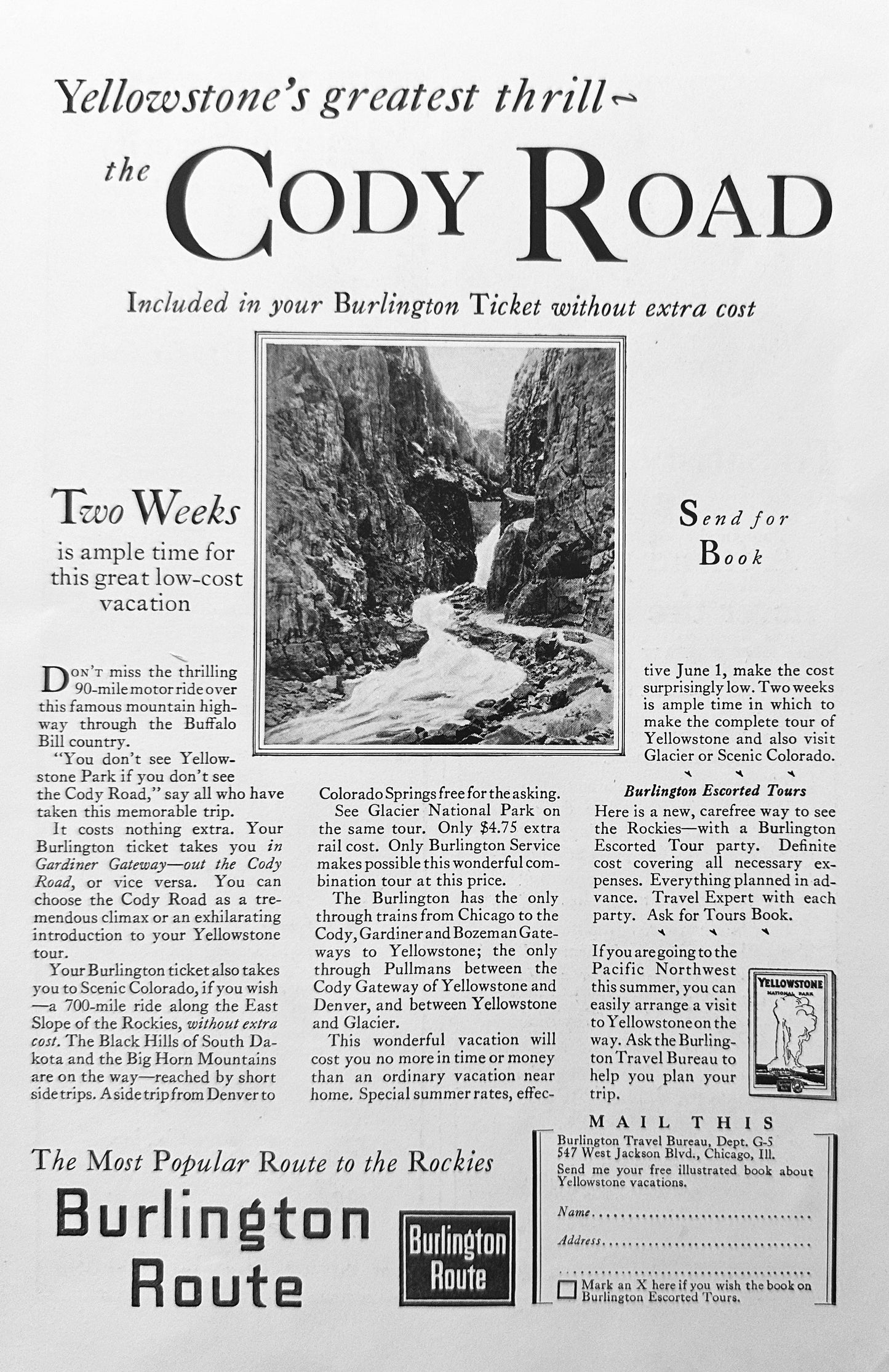 1927 Burlington Route Yellowstone's Cody Road Vintage Ad