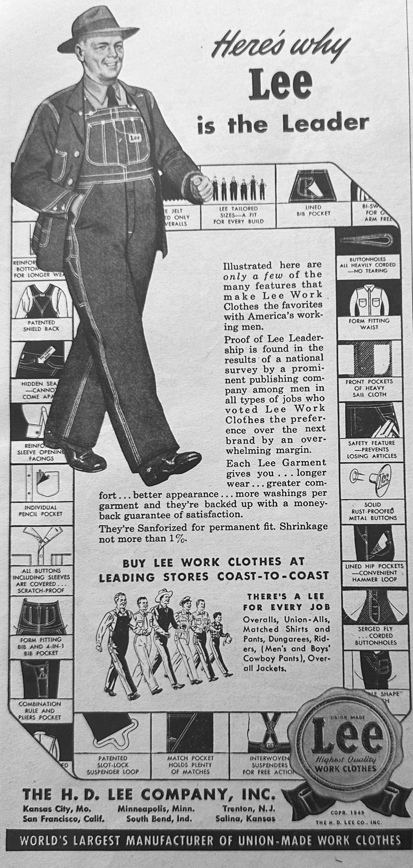 1949 Here's Why Lee is the Leader in Men's Work Clothes Vintage Ad