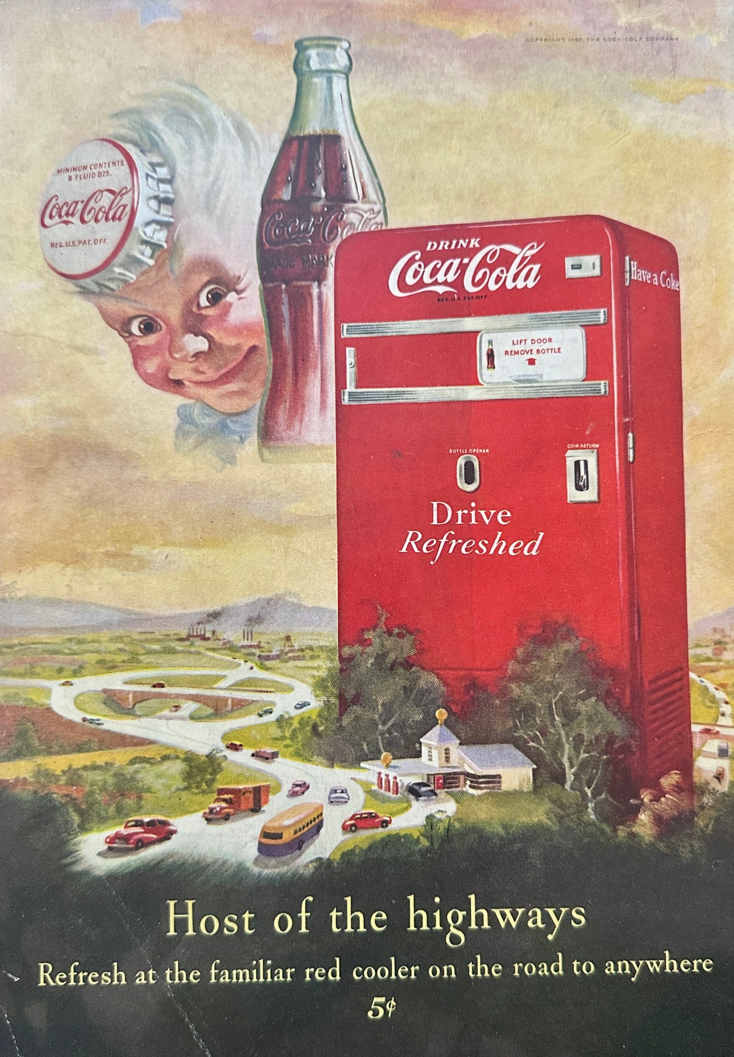 1950 Classic Coca-Cola Character & Familiar Red Cooler Vintage Ad