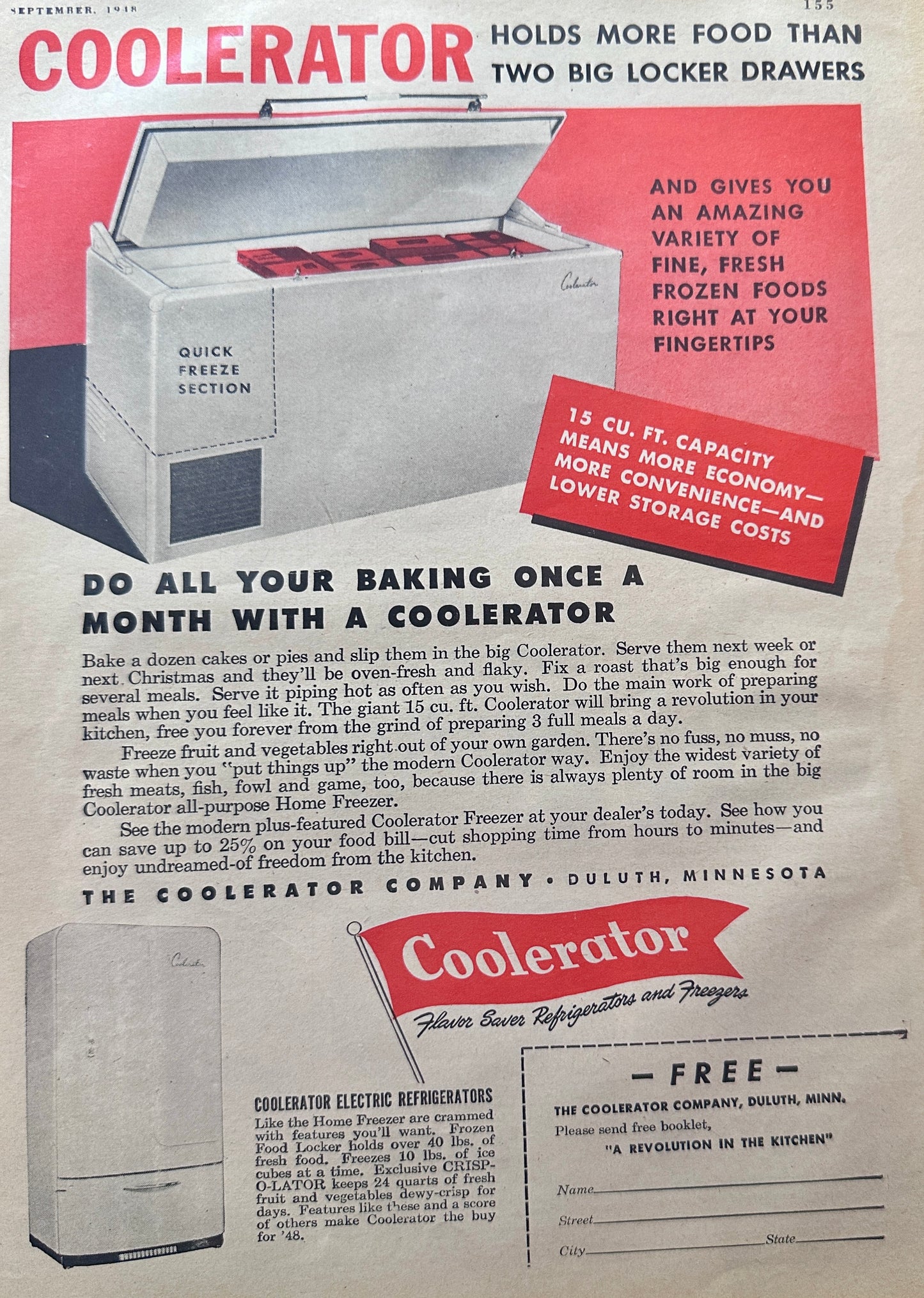 1948 Coolerator Refrigerator - Freezer Vintage Ad N265